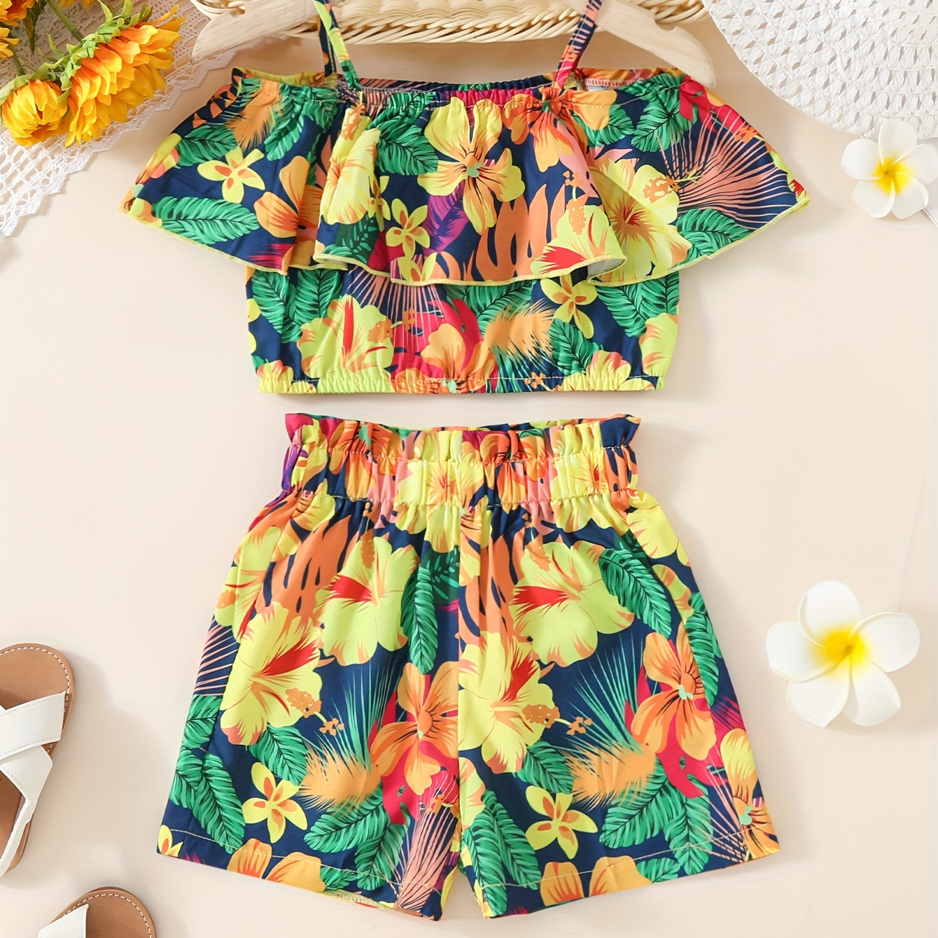 

2-piece Girl's Tropical Floral Cold Shoulder Blouse Top + Shorts Set Holiday/ Casual Outfit Summer Gift