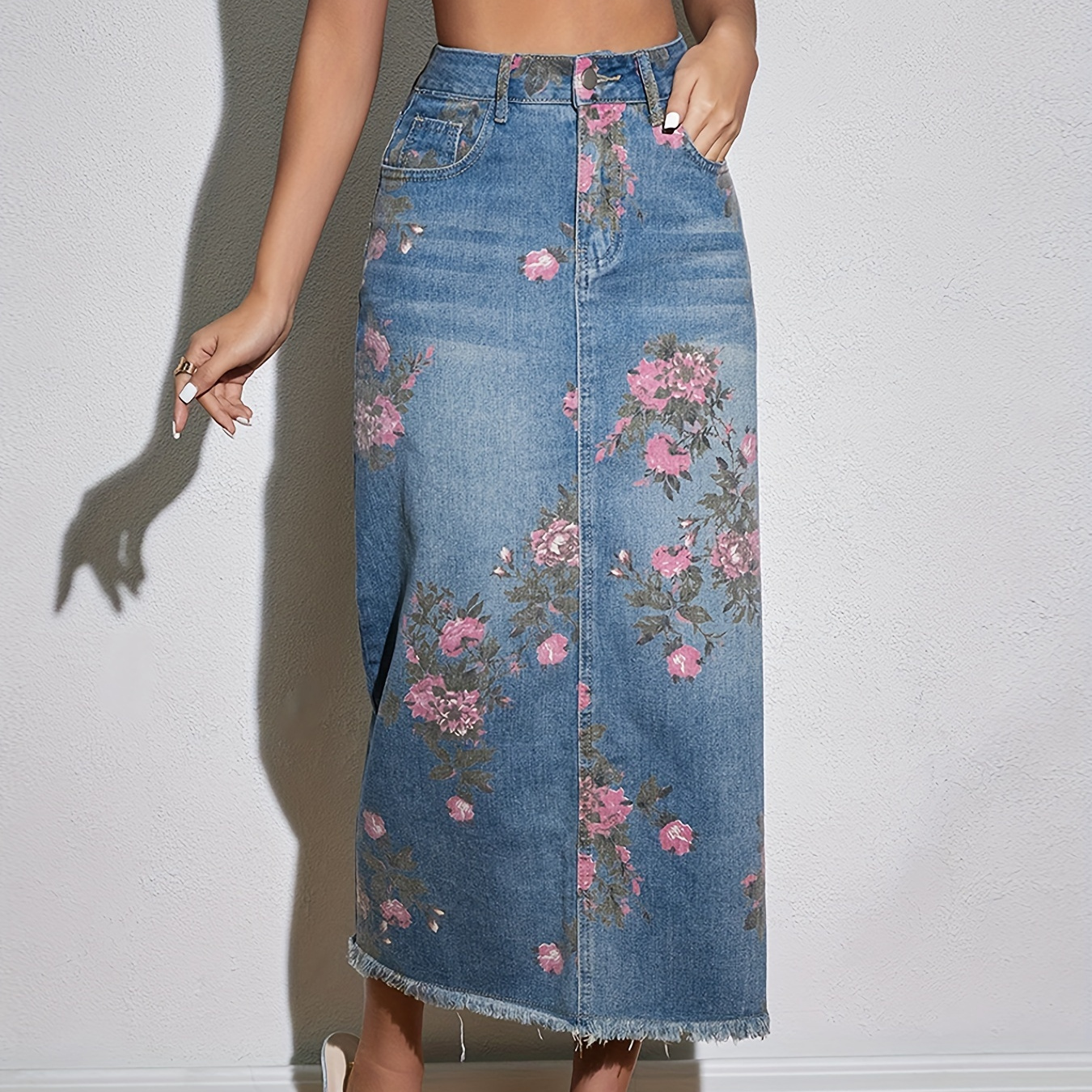 

Floral Print Hem Maxi Denim Skirt, Elegant Whiskering Slash Pocket High Rise Denim Skirt, Women's Denim Jeans & Clothing