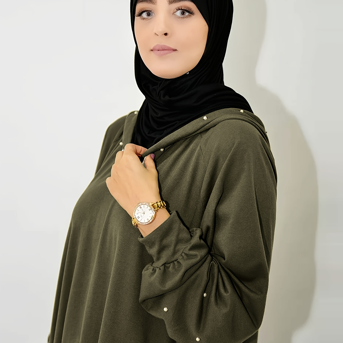 

Ramadan Beaded Drawstring Hooded Kaftan, Casual Long Sleeve Pockets Solid Dress, Women's Clothing