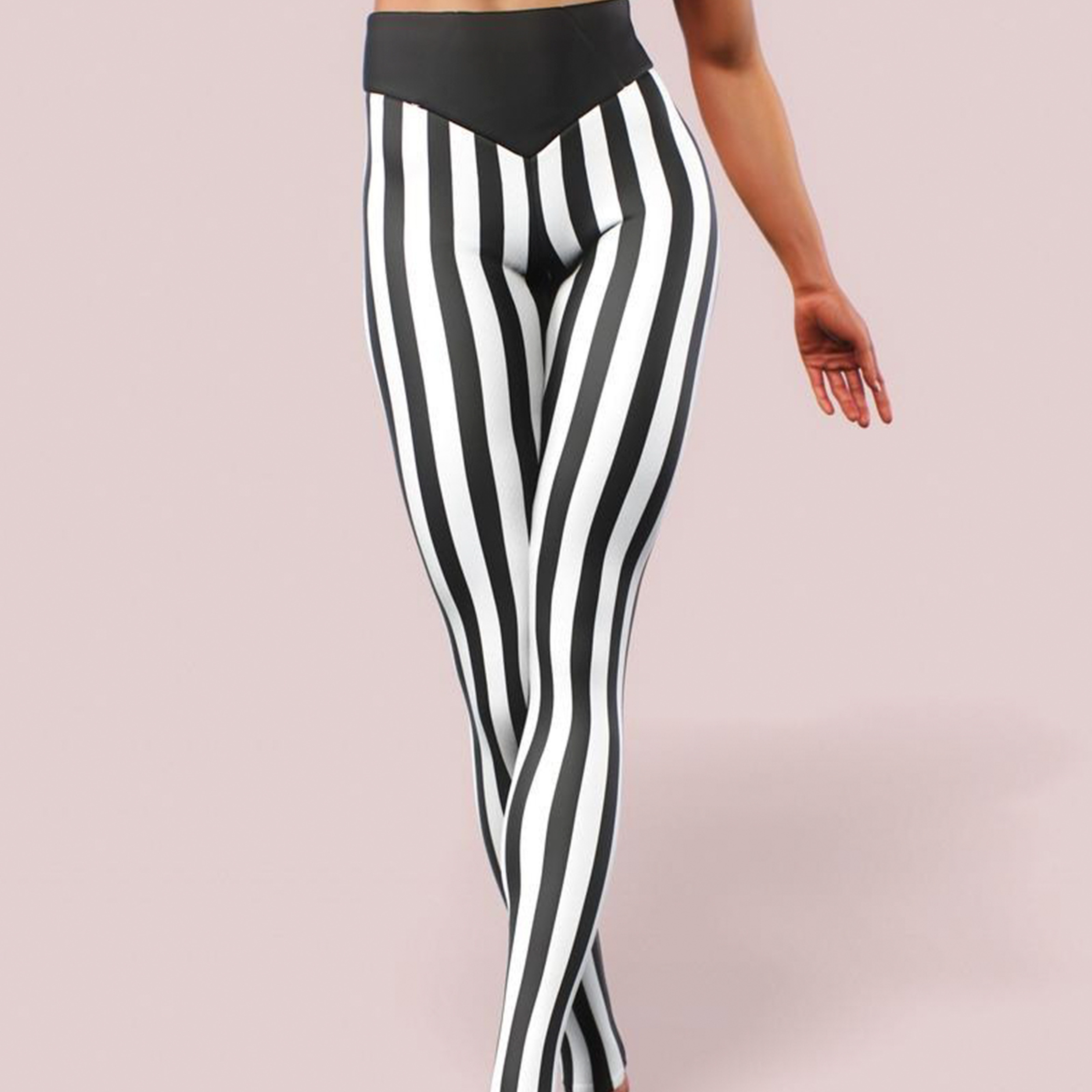 

Front And Back V-waist Striped Leggings, Elastic Sports Vertical Print Yoga Pants, Sports Women's Pants, Black And White Vertical Stripes