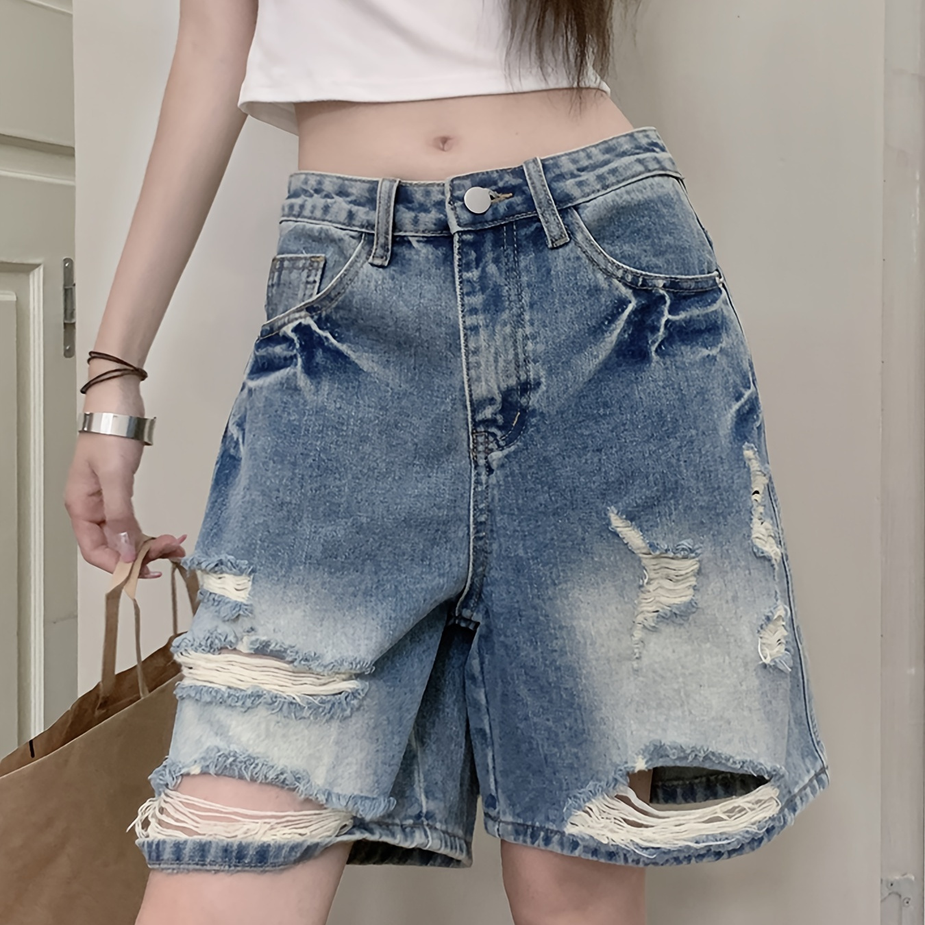 

Ripped Raw Hem Loose Fit Denim Shorts, Distressed Washed Blue Denim Jorts, Women's Denim Jeans & Clothing