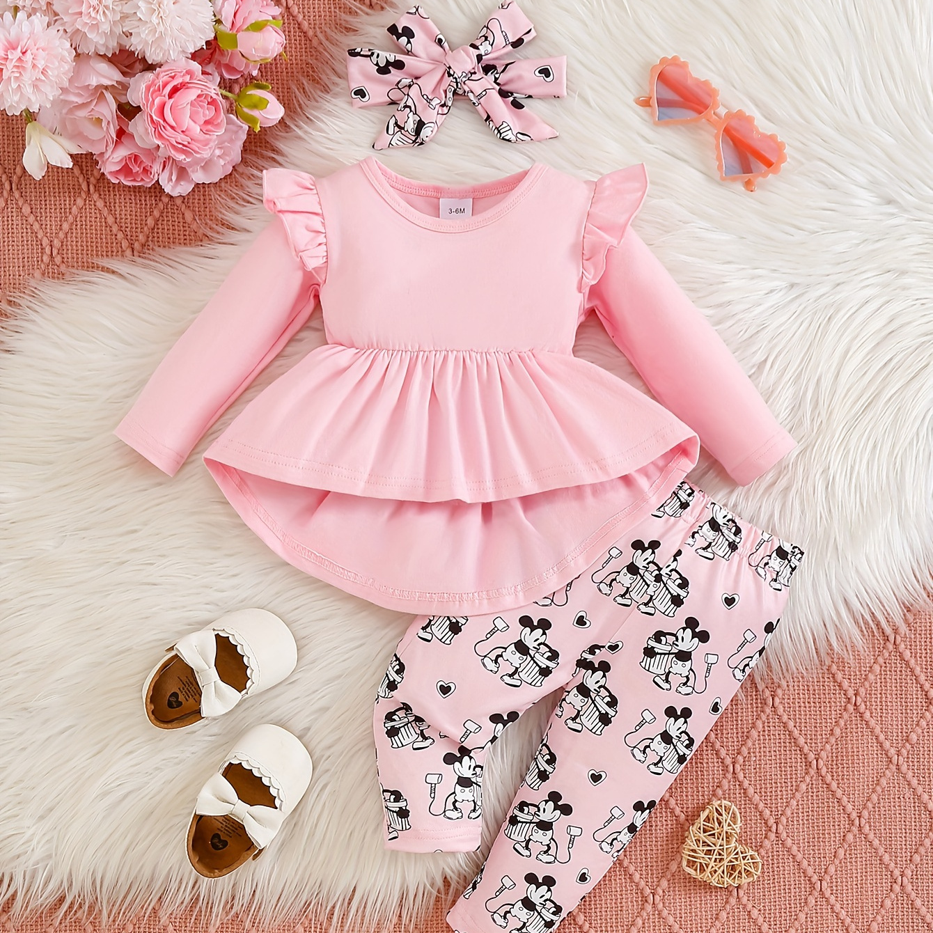 

Adorable 3pcs Set For Baby Girls: Cozy Cotton Long Sleeve Top, Cartoon Print Pants & Matching Headband - Machine Washable