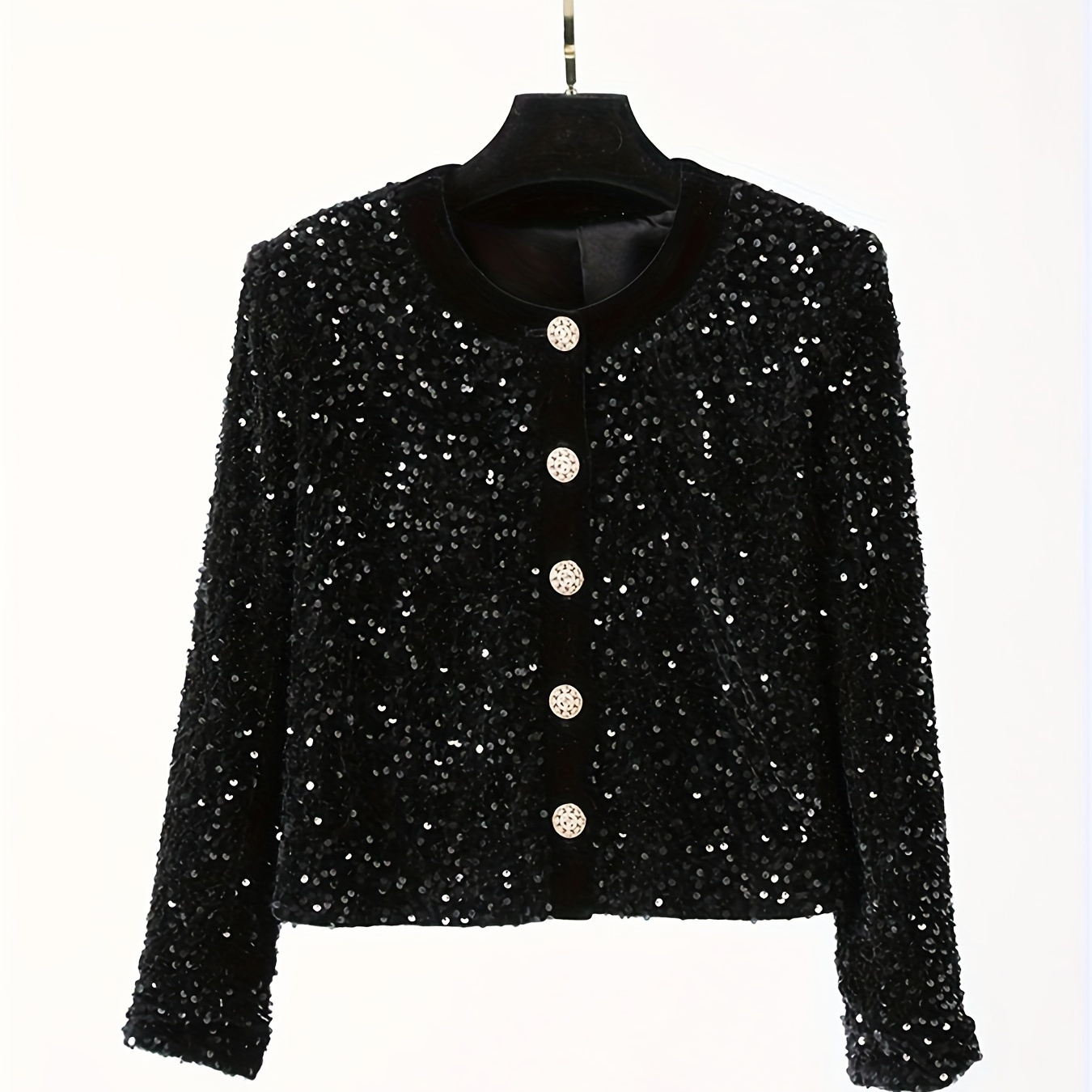 

Elegant Sequin-embellished Velvet Jacket For Women - Chic Long Sleeve, Round Neck Outerwear With Single Breasted Closure