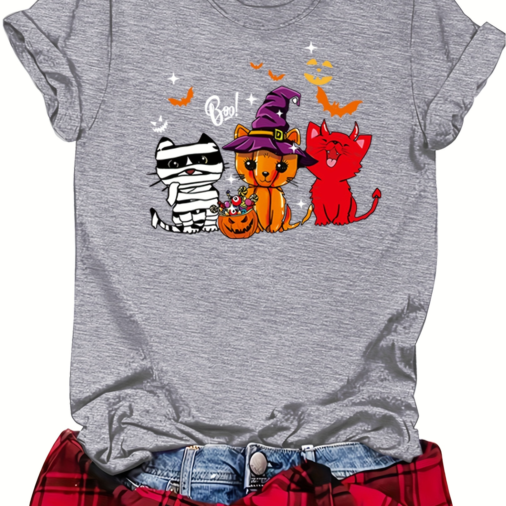 

Halloween Cat Print Crew Neck T-shirt, Casual Short Sleeve Summer Top, Women's Clothing