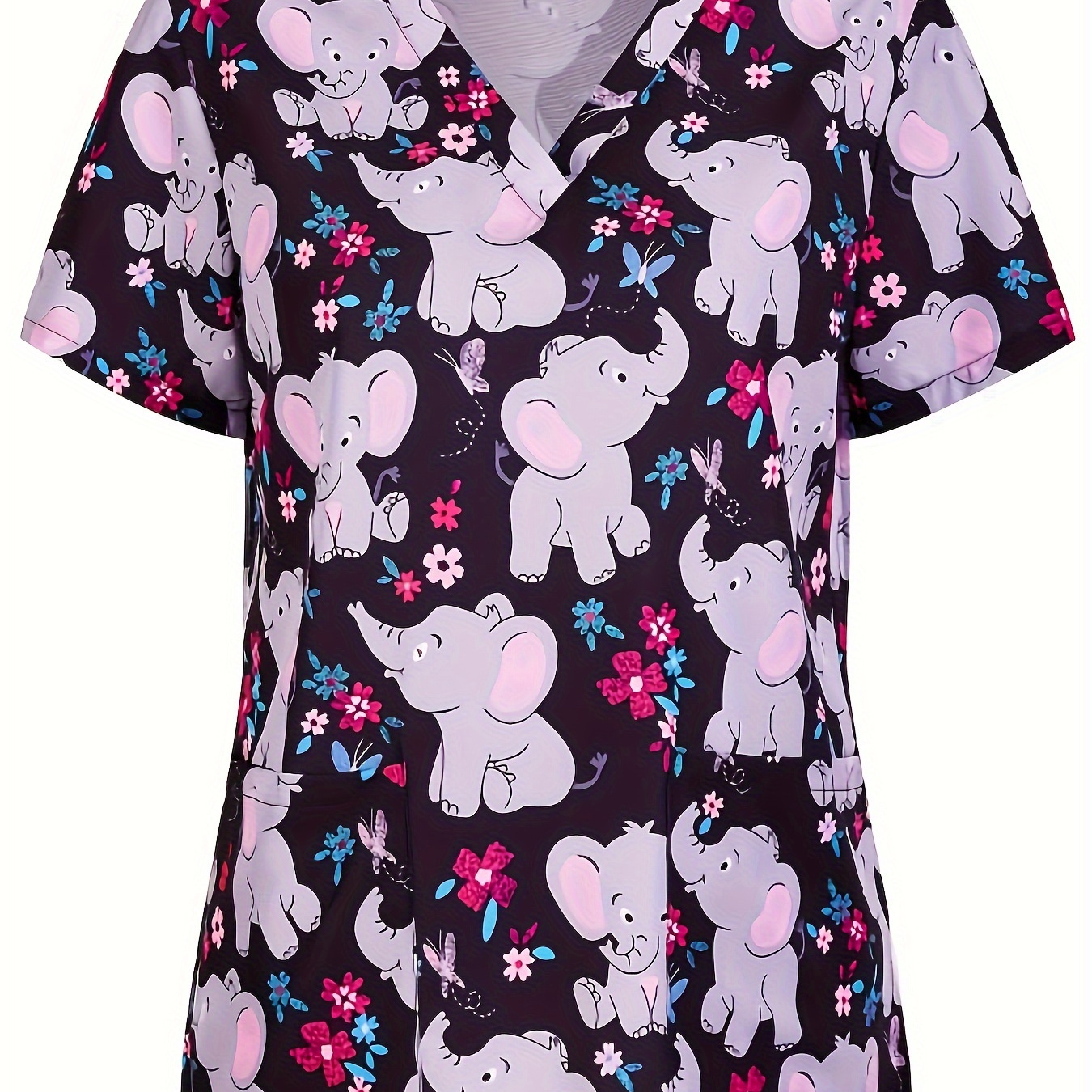 

Plus Size Elephant Print Stretchy Dual Pockets V-neck Top, Comfortable & Functional Health Care Short Sleeve Uniform For Nurse, Women's Plus Size Clothing