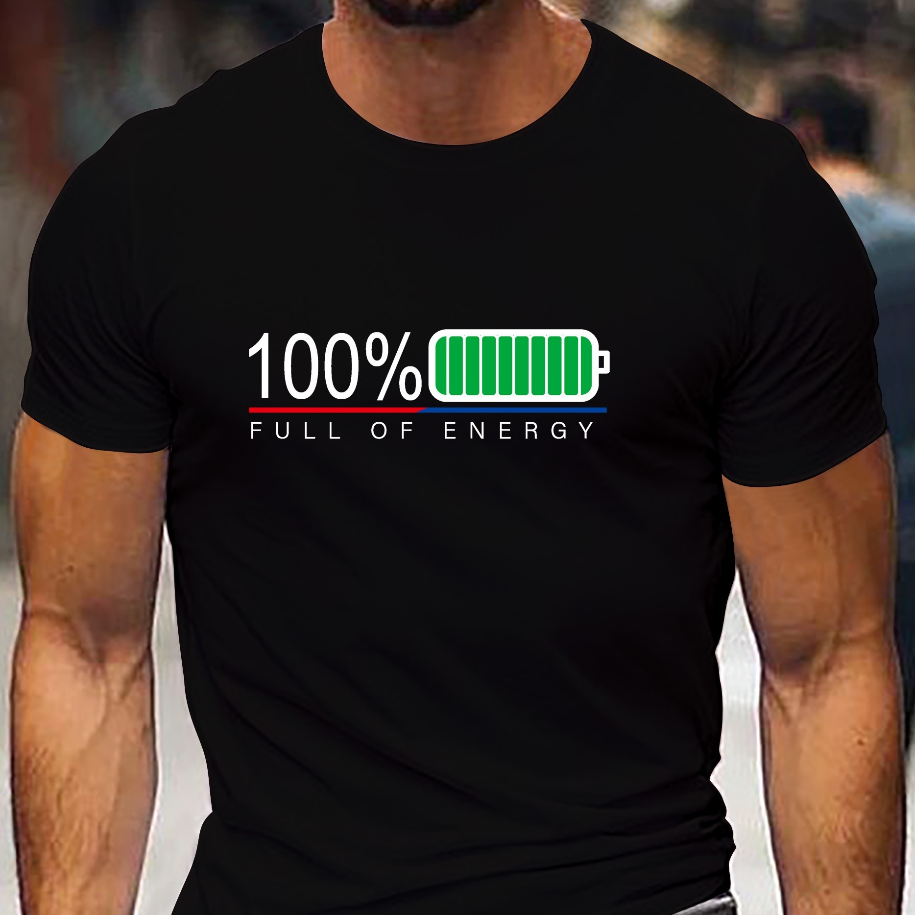 

100% Full Battery Graphic Print Men's Creative Top, Casual Short Sleeve Crew Neck T-shirt, Men's Clothing For Summer Outdoor