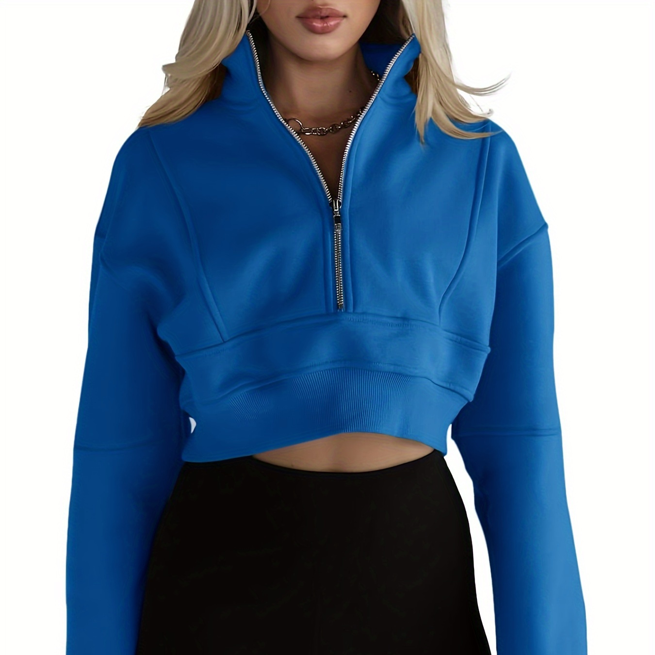 

Half Zip Crop Drop Shoulder Pullover Sweatshirt, Casual Long Sleeve Solid Simple Versatile Sweatshirt, Women's Clothing
