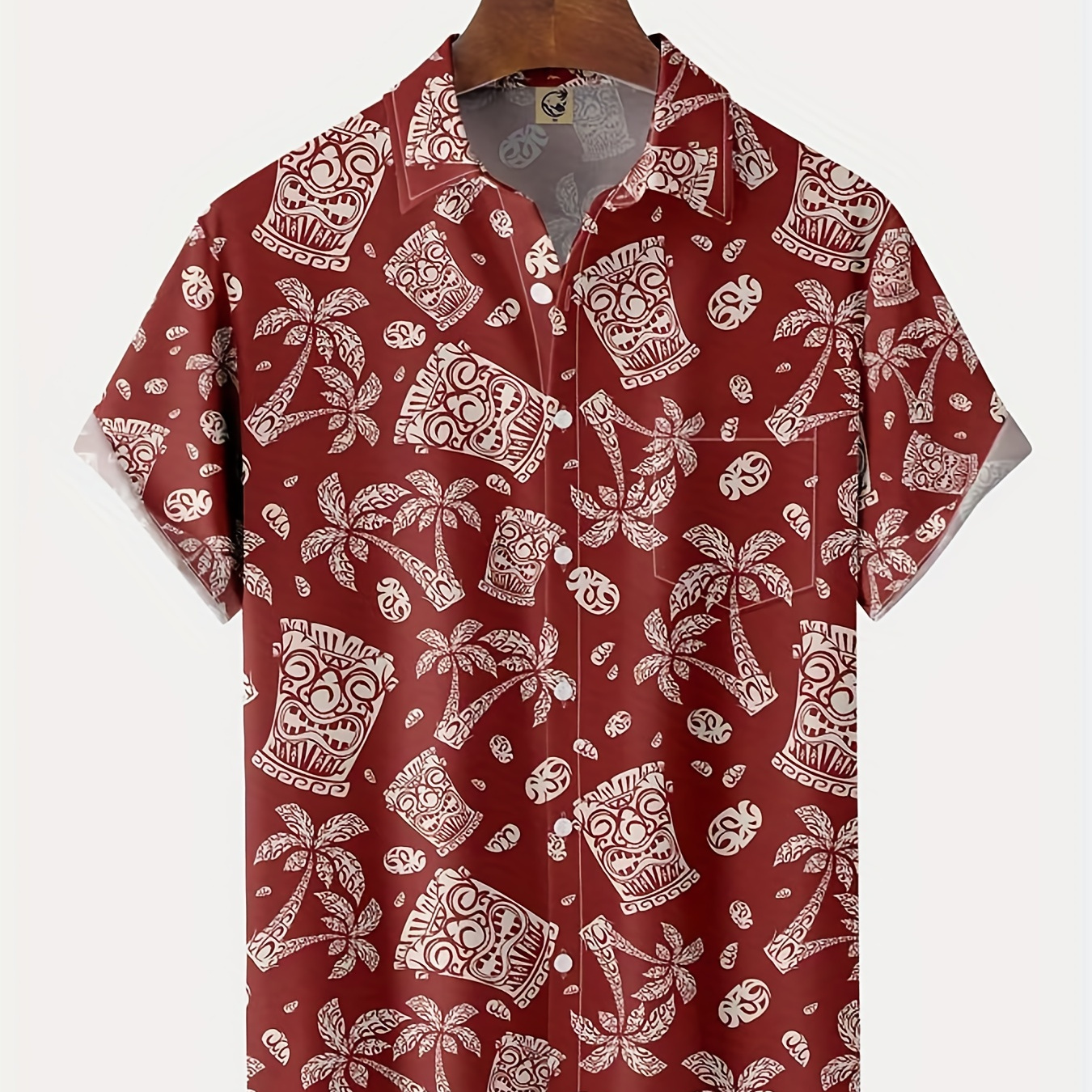 Coconut Tree Tiki Pattern Casual Short Sleeve Shirt, Men's Hawaiian Shirt For Summer Vacation Resort