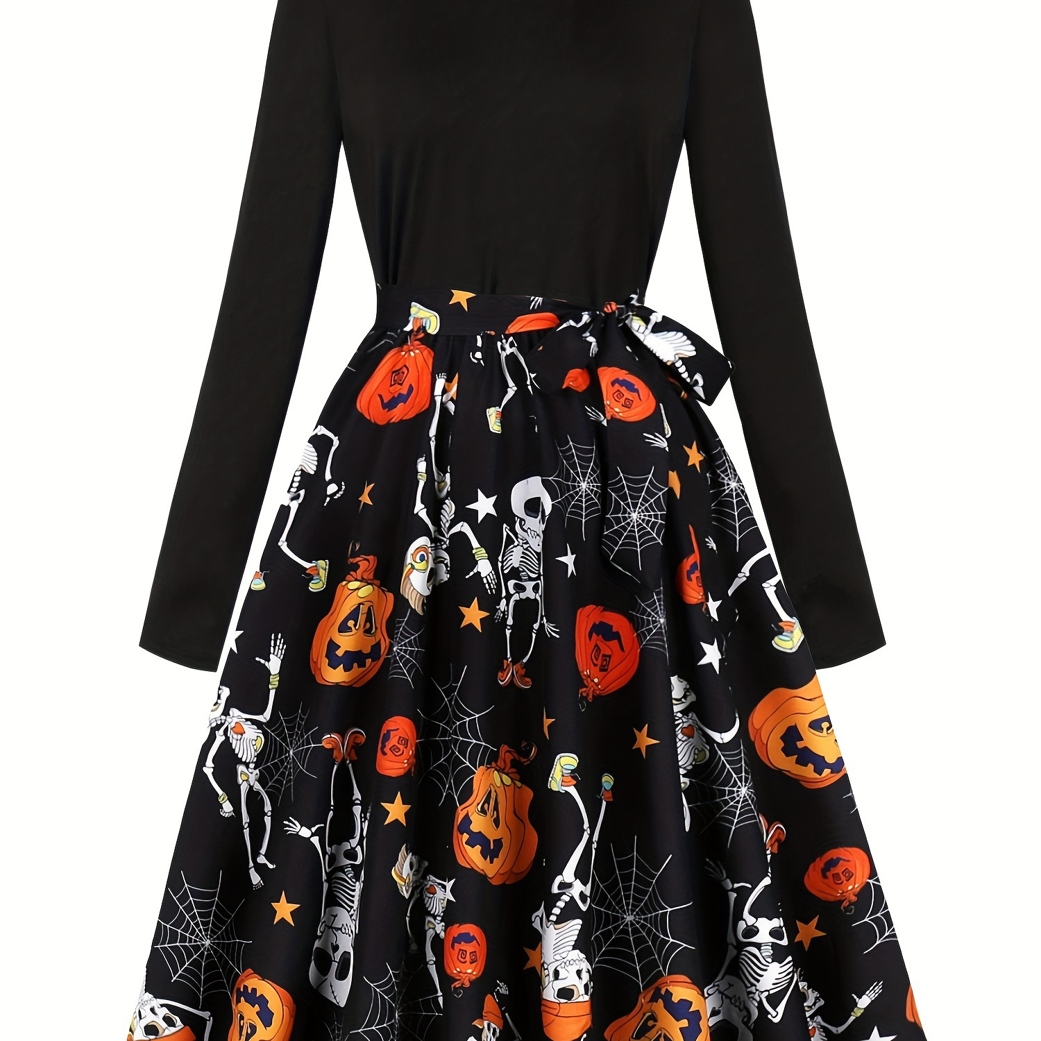 

Pumpkin & Skeleton Print Neck Dress, Vintage Long Sleeve Belted Dress For Spring & Fall, Women's Clothing