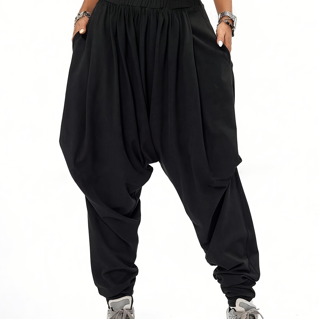 

Women's Casual Solid Crotch Joggers - Polyester, Machine Washable, Relaxed Fit With Waistband And Ruched Detailing