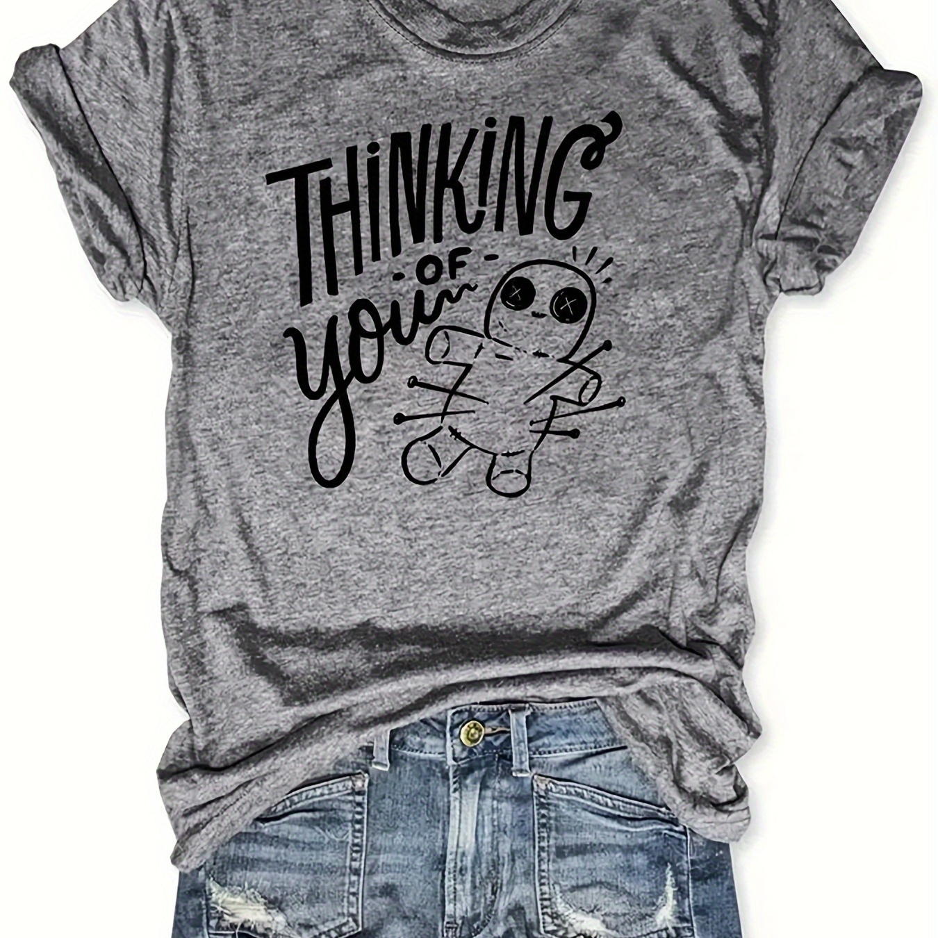 

Thinking Of You Letter Print T-shirt, Casual Crew Neck Short Sleeve T-shirt, Women's Clothing