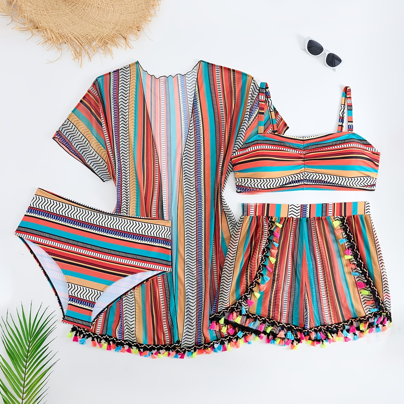 

4pcs Fashion Geometric Pattern Swimsuits, Elegant, Crew Neck, Medium Stretch Polyester Elastane Knit Fabric, With Tassel Lace Front Flapper And Tassel , Removable Chest Pad