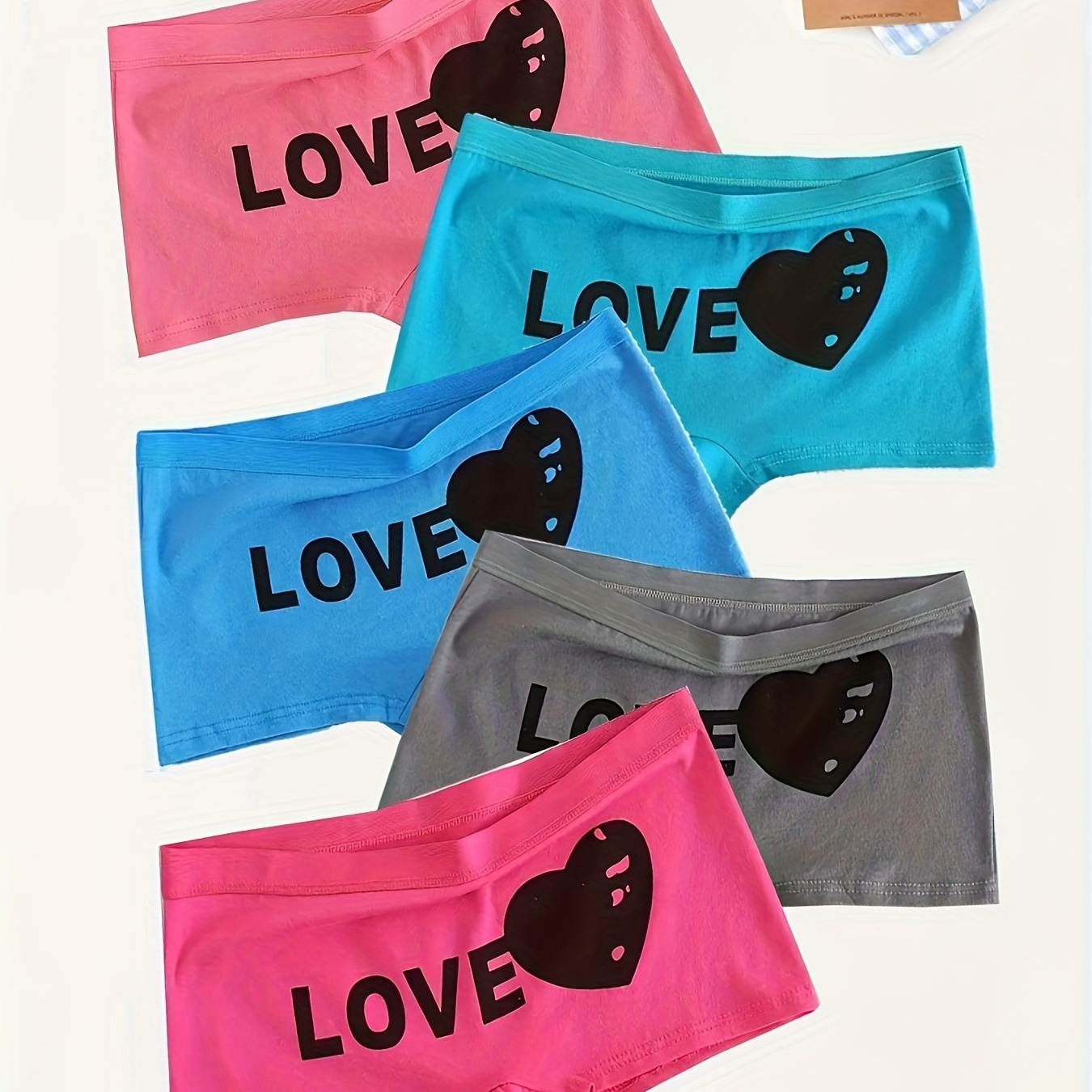 

5-pack Cotton Briefs For Teen Girls - Medium Rise, Knit Fabric, Love Heart Letter Design, Comfort, Cartoon Pattern, Micro Elastic, Regular Fit