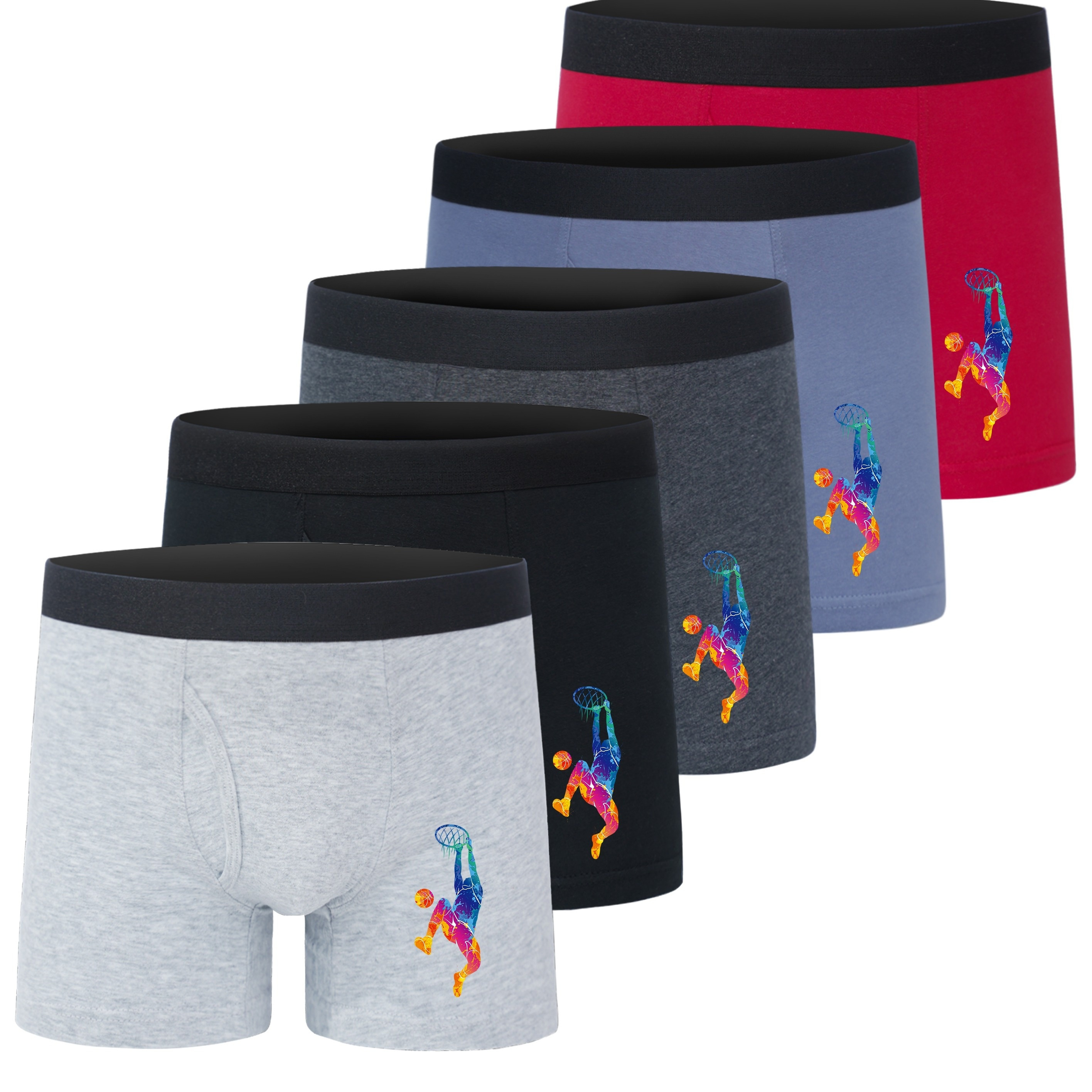 

5pcs Garçons Adolescents Slips Ouverts à l'Entrejambe, Motif Imprimé Panier de Basket-ball, Coton Confortable Respirant Extensible Sous-vêtements de Boxe de Sport