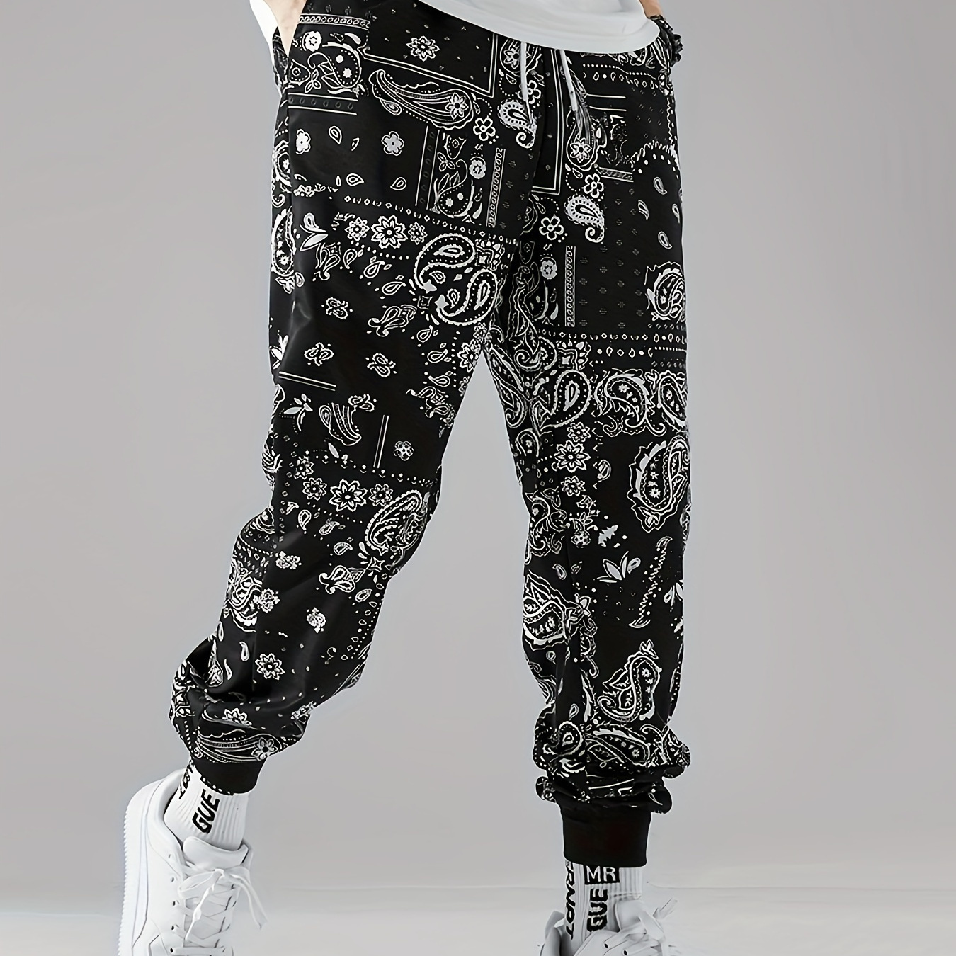 

Men's Casual Paisley Pattern Waist Drawstring Joggers, Chic Stretch Sports Pants