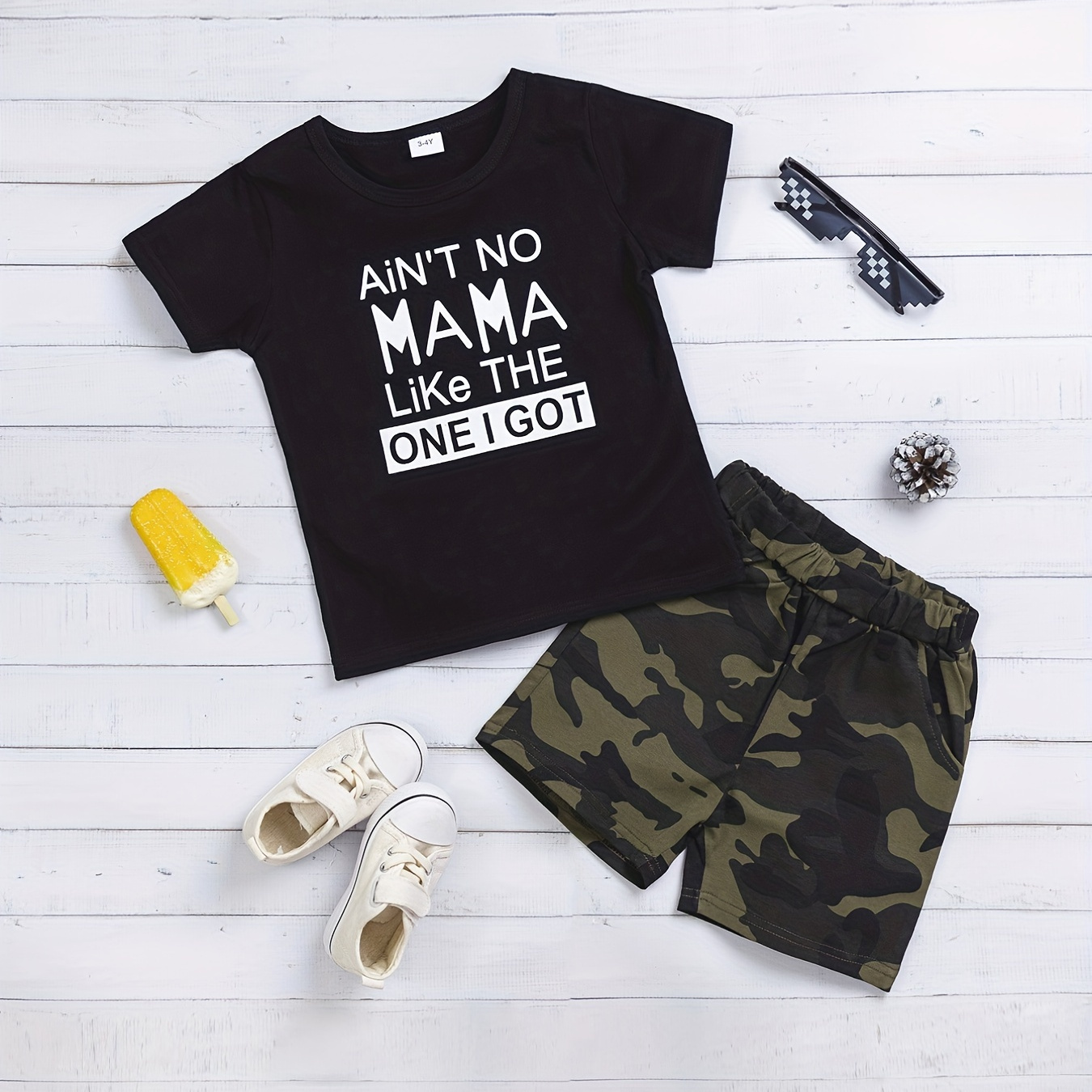 Toddler Boys Short Sleeve Letter Print Top And Matching Camouflage Shorts Kids Clothes Summer