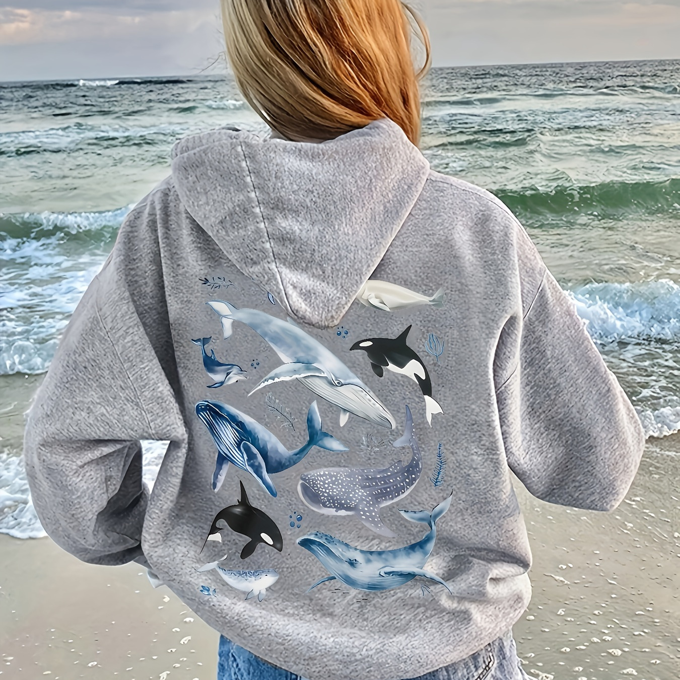 

Ocean Animals Print Hoodie, Drawstring Casual Hooded Sweatshirt For Winter & Fall, Women's Clothing