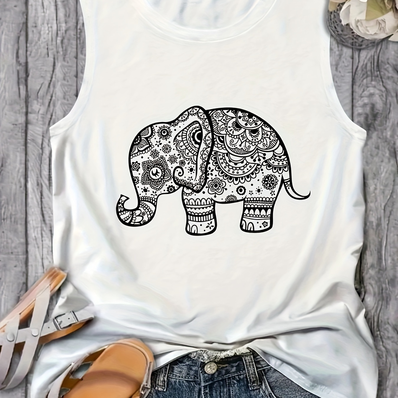 

Elephant Paper-cut Print Crew Neck Tank Top, Casual Sleeveless Top For Spring & Summer, Women's Clothing