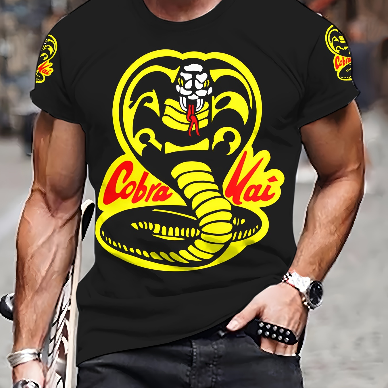 

Men's Cobra Print Short Sleeve Crew Neck T-shirt, Casual Stylish Tee As Gift