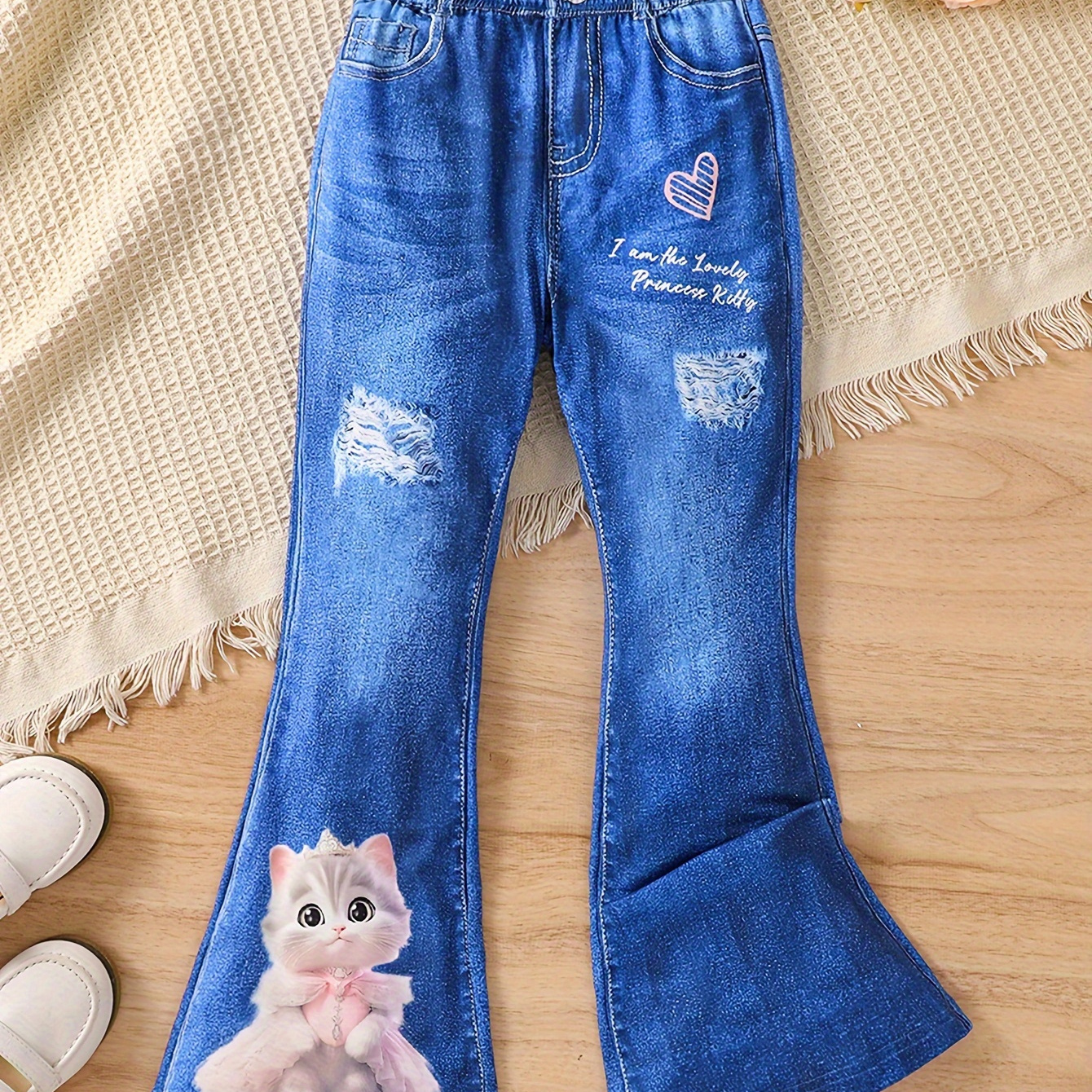 

Lovely Cat Princess Graphic Imitation Denim Print Flare Pants For Girls Party Outdoor Gift