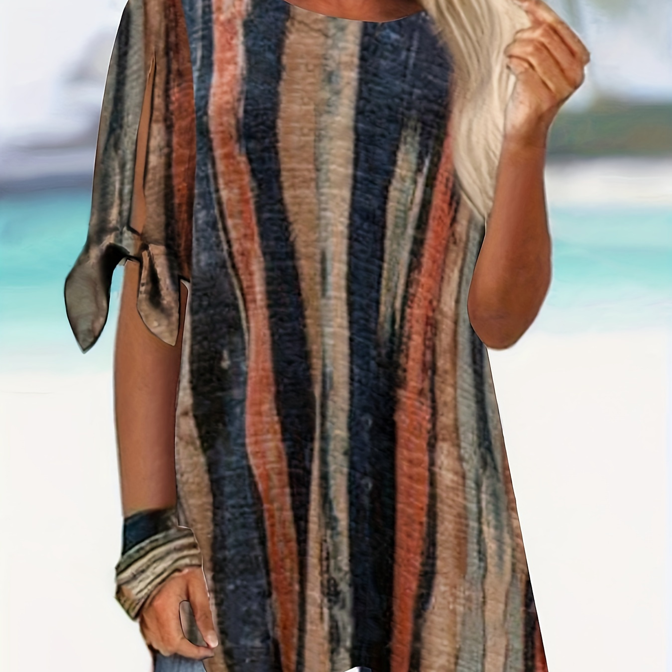

Plus Size Casual T-shirt, Women's Plus Stripe Print Knot Cut Out Sleeve Round Neck Medium Stretch T-shirt