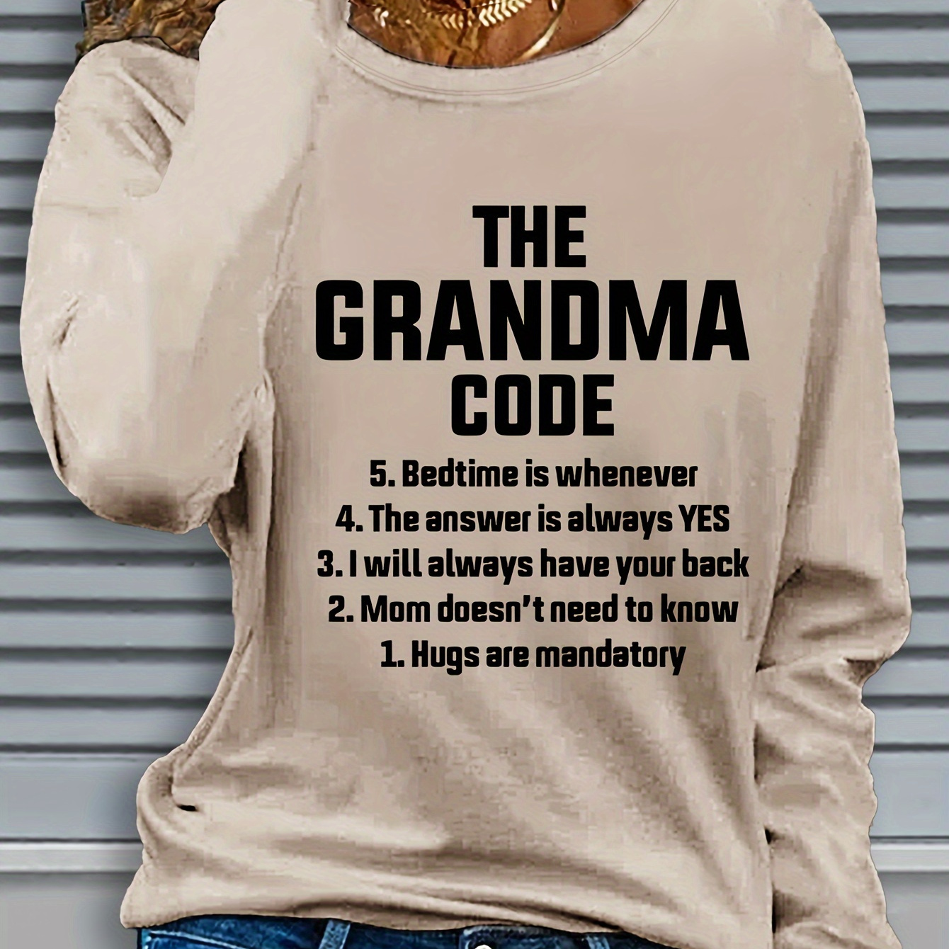 

Grandma Code Long Sleeve Crew Neck T-shirt - 100% Polyester Casual Pullover With Alphabet Applique, Stretch Fabric For Fall/winter - No Belt Regular Fit Tee With Long Regular Sleeves