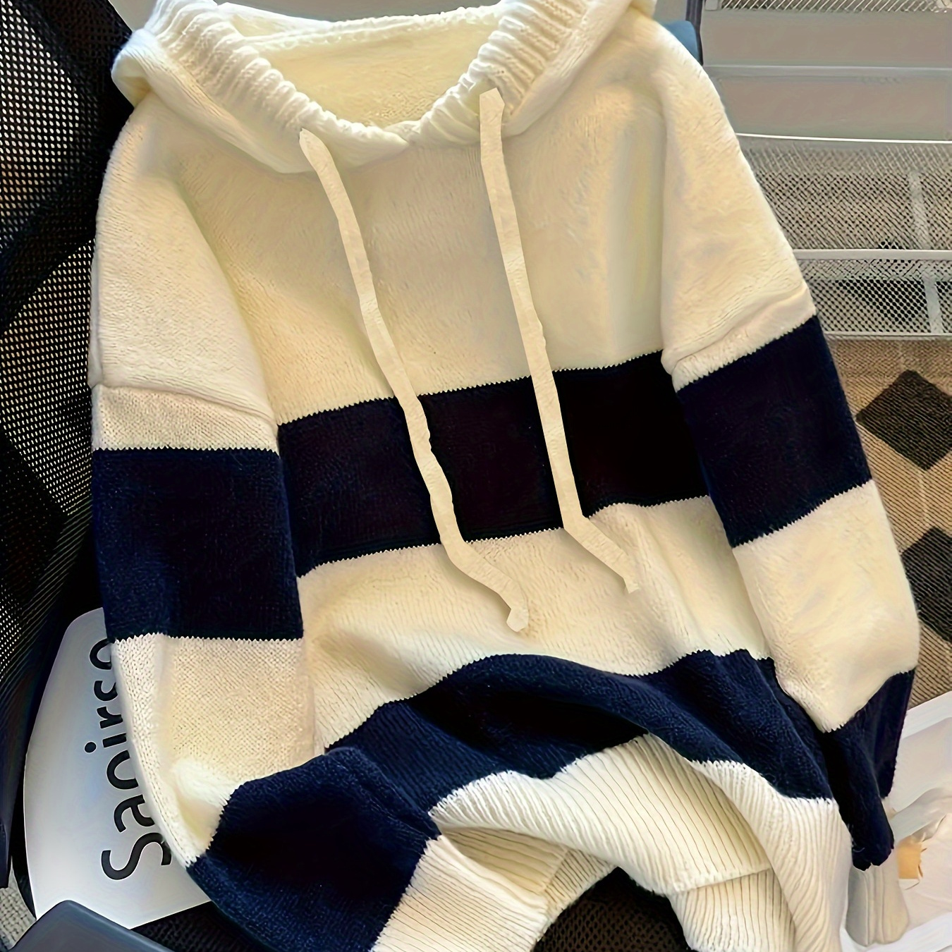 

1pc Elegant Women's Plus Size Striped Hoodie Sweater - Casual Polyester Knit Fabric Pullover With Slight Stretch, Hooded Collar, And Drawstring For Fall/winter