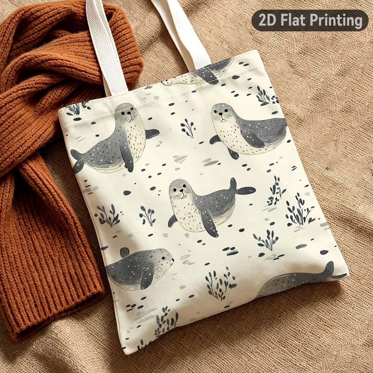 TEMU 2d Flat 1pc Tote Bag, Duplex Prints Adorable Seal Underwater Scene, Ideal For Grocery Shopping, Beach Trips, Casual , For Office Workers, Casual