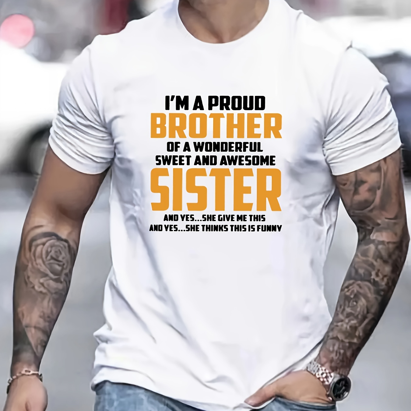 

Proud Brother Of A Wonderful Sister Print T Shirt, Tees For Men, Casual Short Sleeve T-shirt For Summer