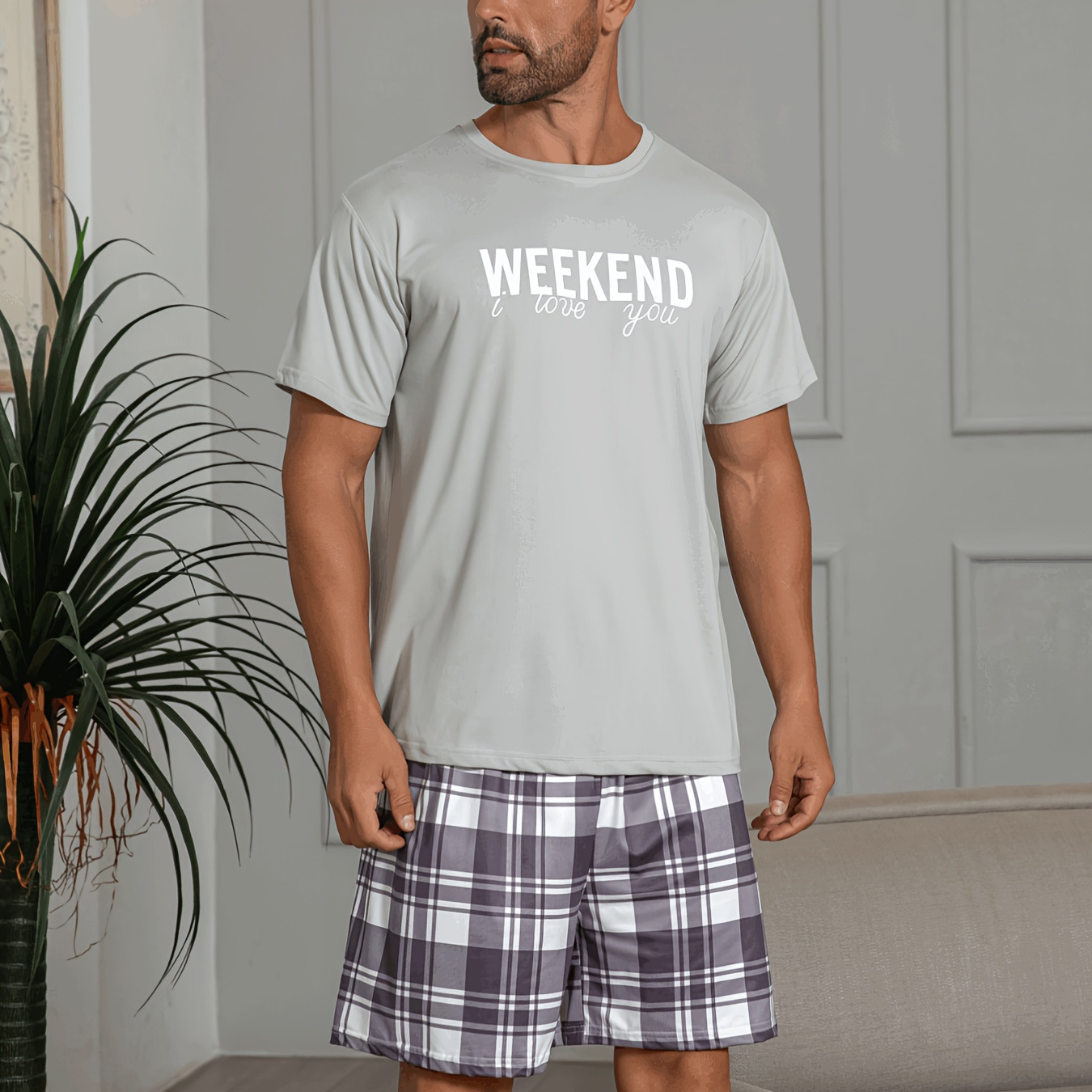

Men's Summer Casual Grey Letter Print Short Sleeve T-shirt & Plaid Shorts Pajama Set, Soft Comfortable Sleep Set For Home And Outdoor Wearing