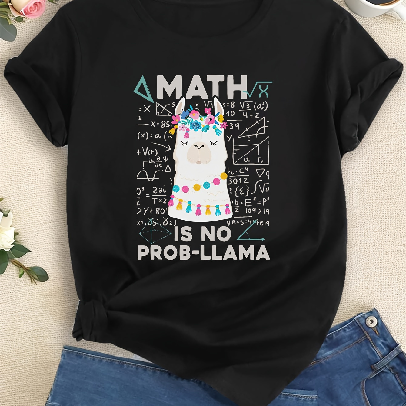 

Number Alpaca Math Print T-shirt, Short Sleeve Crew Neck Casual Top For Summer & Spring, Women's Clothing