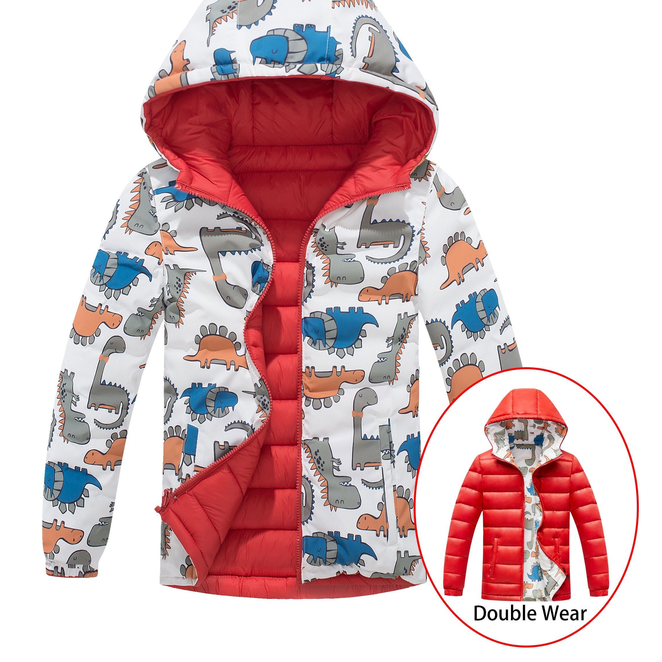 

Kid's Dinosaur Pattern Reversible Quilted Jacket, Warm Zip Up Hooded Padded Coat, Boy's Clothes For Winter Outdoor, As Gift