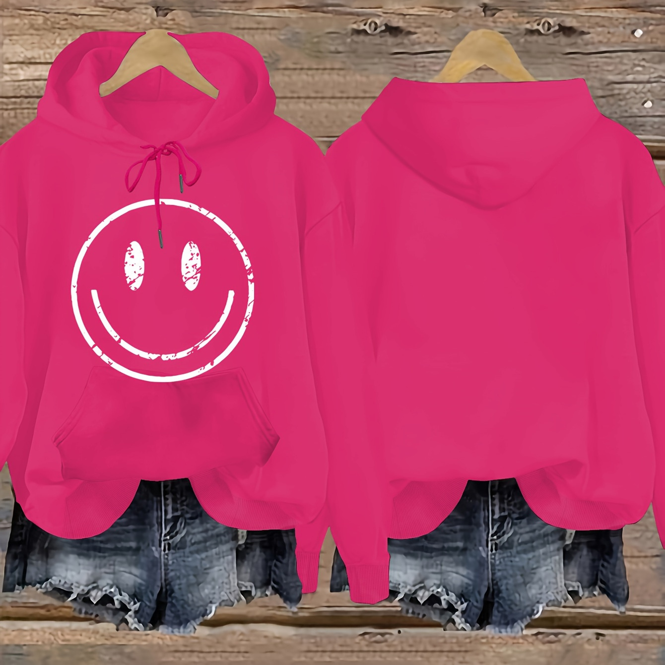 

Women's Cartoon Smile Print Hoodie - Casual Fall/winter Hooded Sweatshirt, 92% Polyester 8% Elastane, Knit Fabric