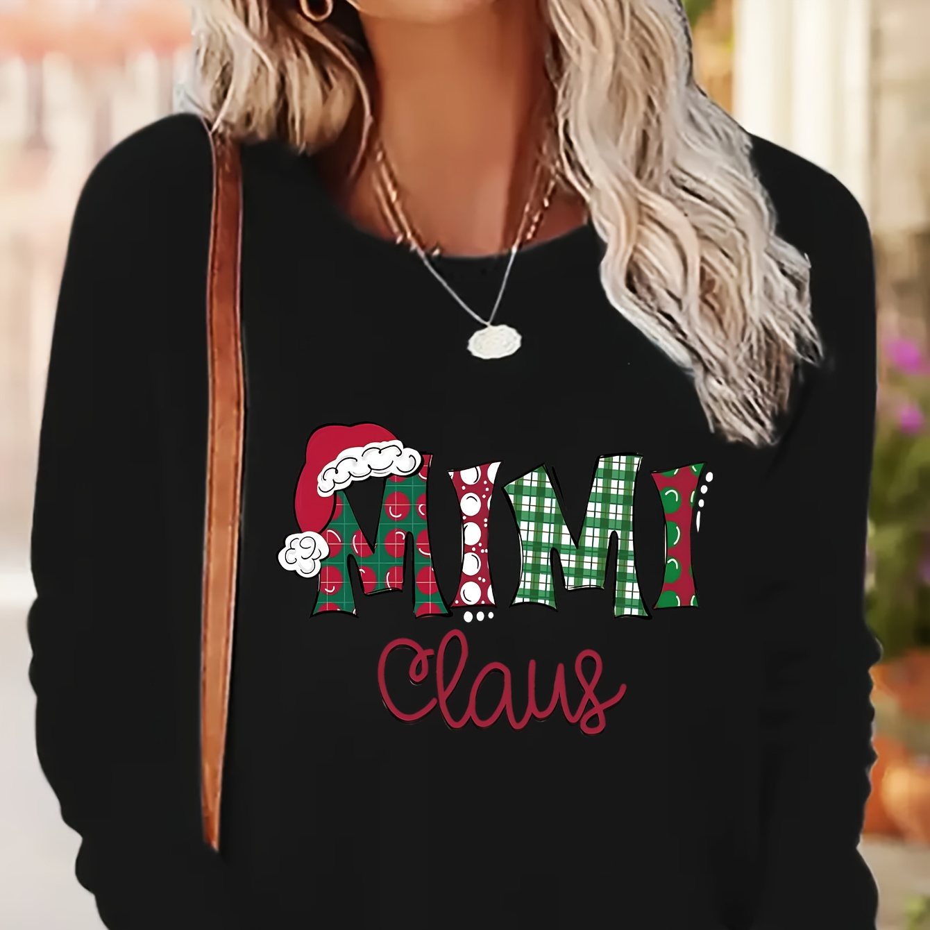 

Claus Neck T-shirt, Casual Comfortable Long Sleeve T-shirt For Christmas, Women's Clothing