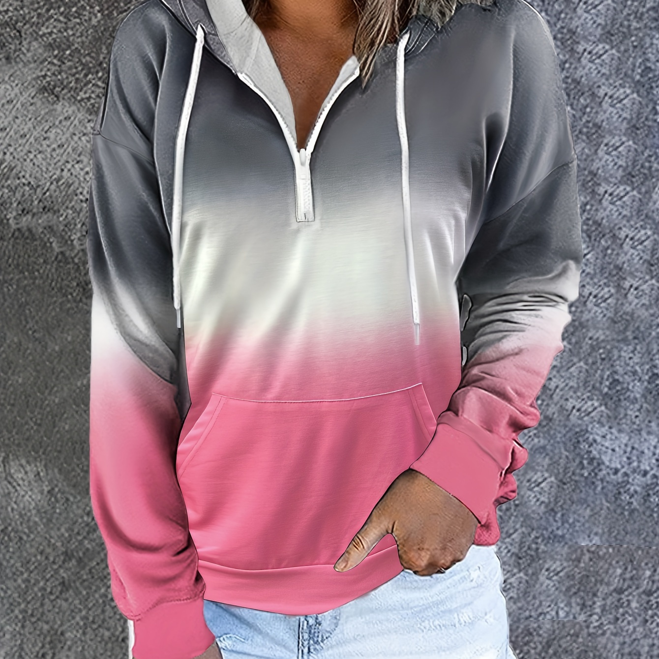 

Color Block Drawstring Half Zip Hoodies, Street Wear Drop Shoulder Kangaroo Pocket Sweatshirt, Women's Clothing