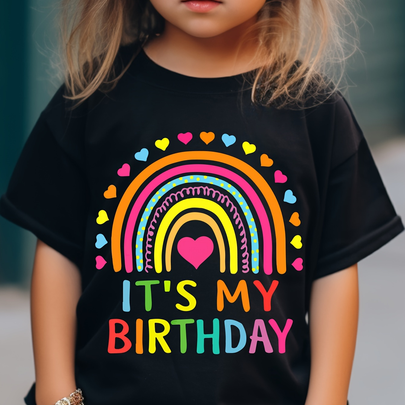 

It's My Birthday & Doodled Rainbow & Heart Graphic Print, Girls' Casual & Comfy Crew Neck Short Sleeve T-shirt For Spring & Summer, Girls' Tee & Clothes For Outdoor Activities