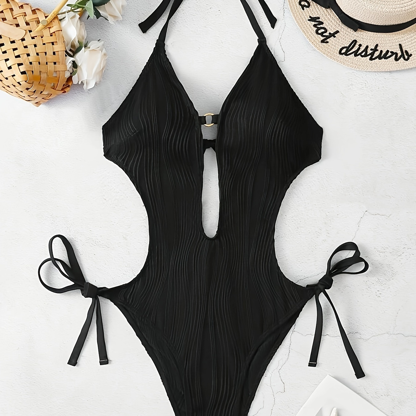 

1pc Elegant One-piece Swimsuit For Women, Sexy Cut-out Monokini With Tie-up Details, Beach Pool Swimwear, Black Ribbed Bathing Suit