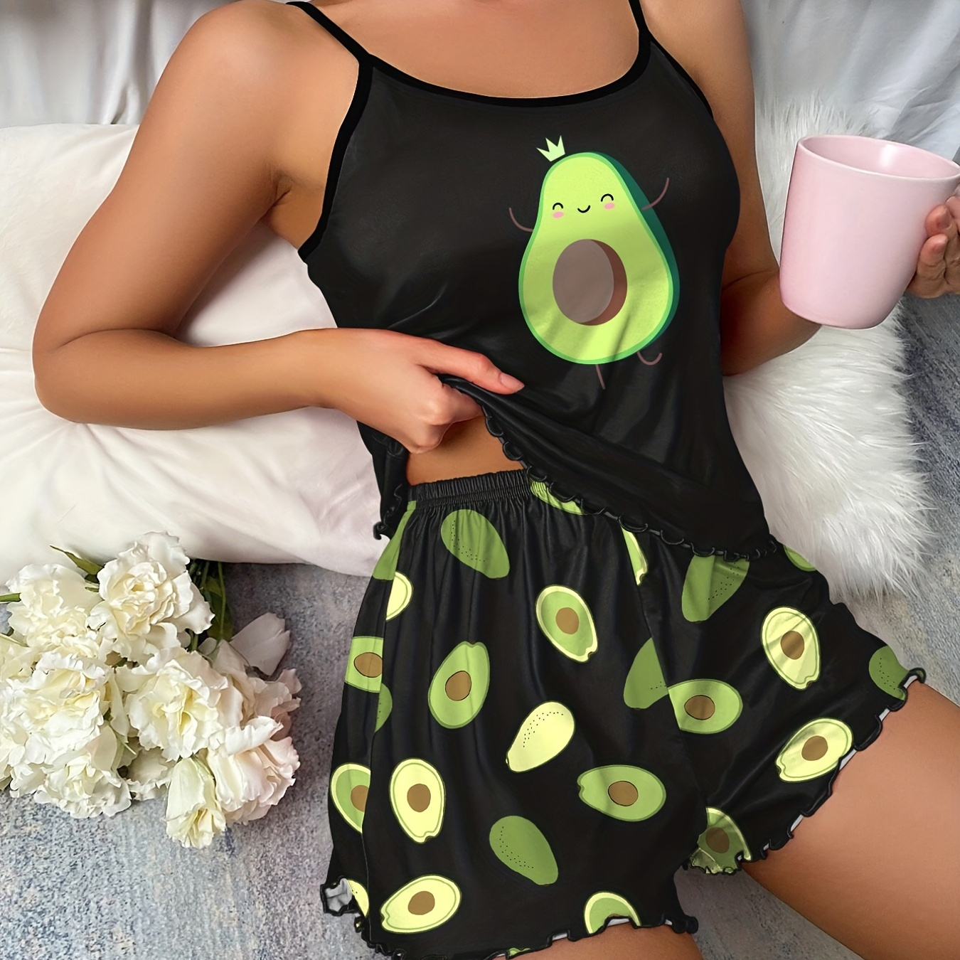 

Avocado Print Pajama Set, Crew Neck Cami Top & Lettuce Trim Shorts, Women's Sleepwear & Loungewear
