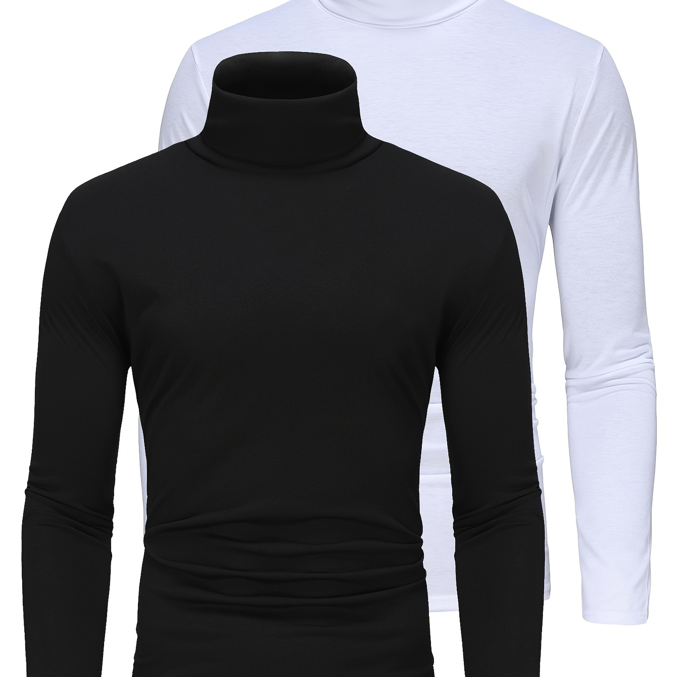 

2pcs Men's Thermal Turtleneck Tops - Casual Long Sleeve Shirts, Stretch Fabric, Solid Color, Fall/winter