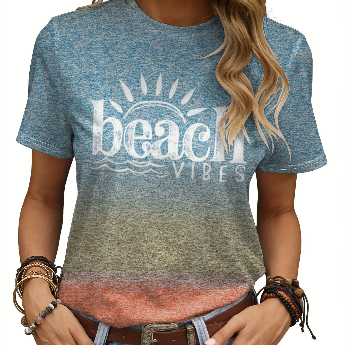 

Beach Vibes Print T-shirt, Casual Crew Neck Short Sleeve T-shirt, Women's Clothing