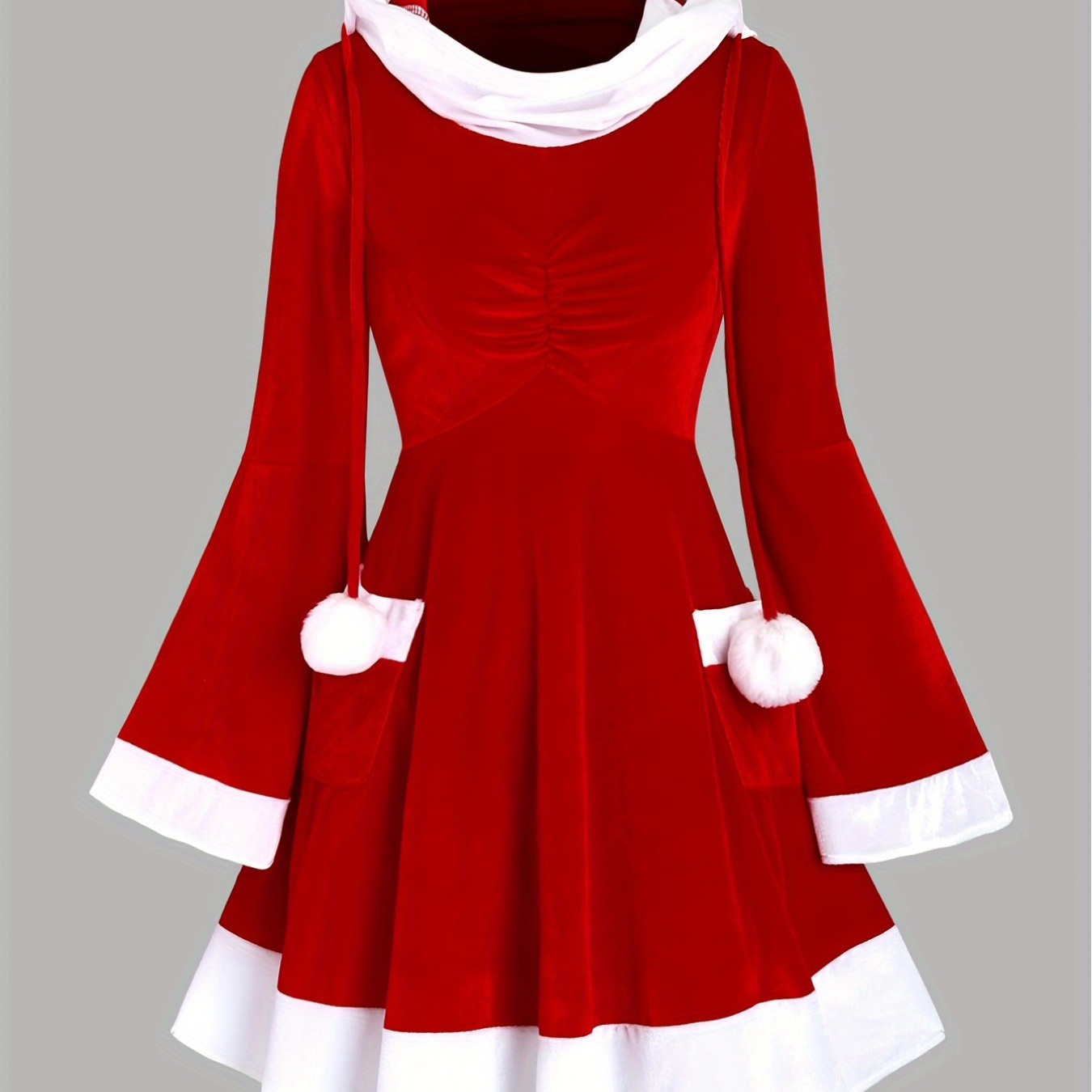 

Plus Size Elegant Hooded Christmas Dress - Polyester Knit Fabric, Stretch, Solid Red With Pom Pom Detail, Fit & Flare Gown