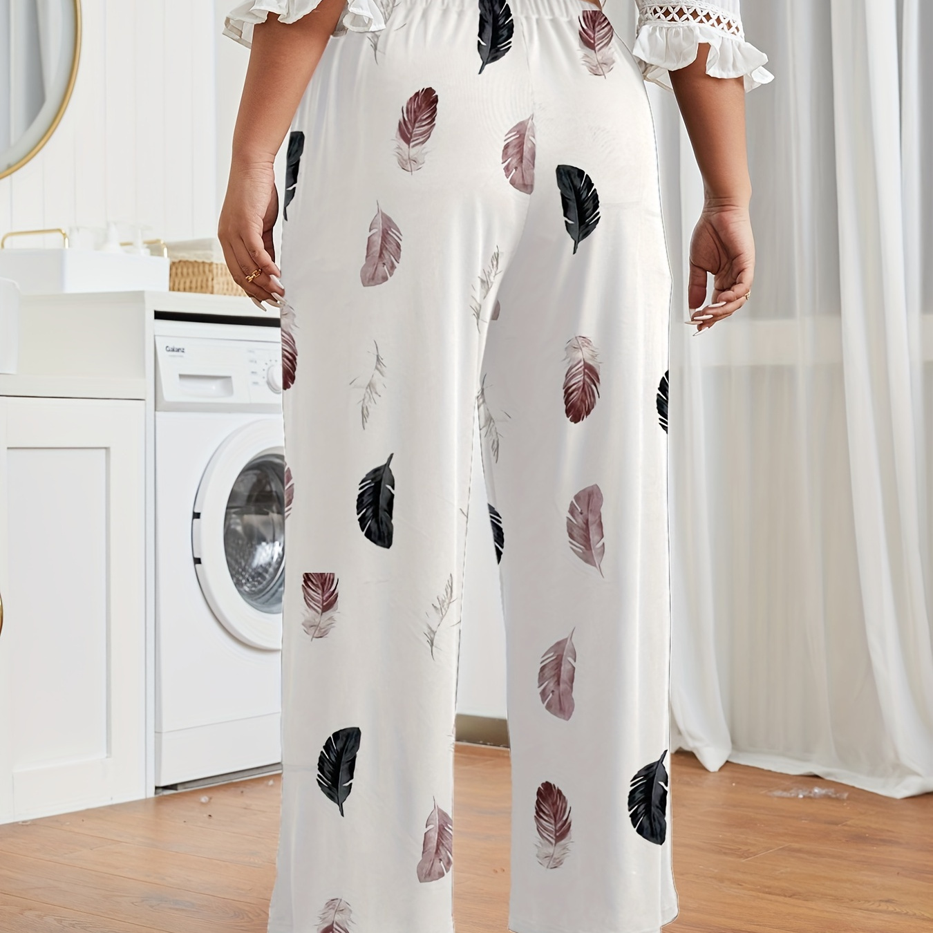 

Plus Size Casual Pants, Women's Plus Feather Print Elastic High Rise Wide Leg Pants