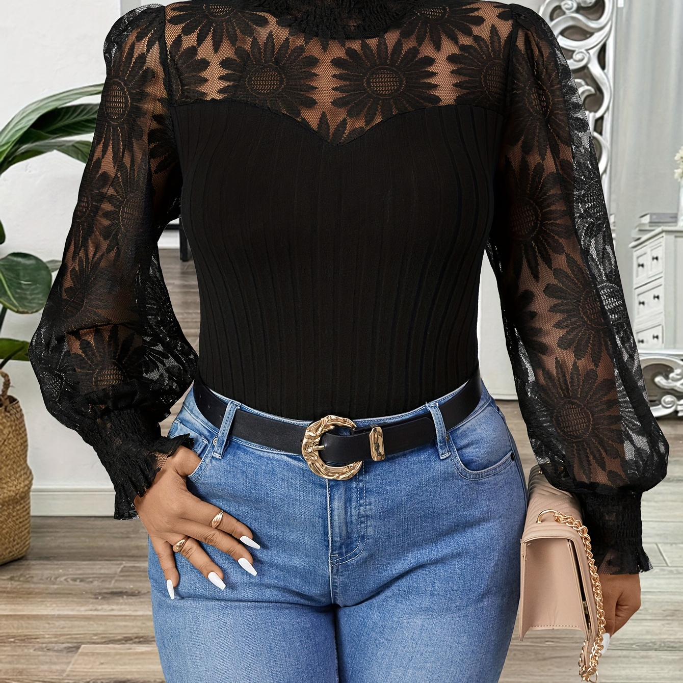 

Women's Plus Size Elegant Lace Panel Top - Long Sleeve, High Neck, Stretch Polyester , Machine Washable, Floral Pattern, Lace Trim