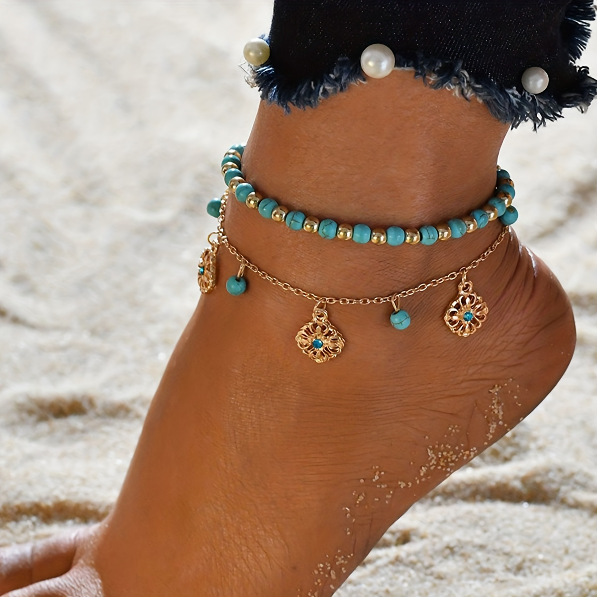 

2 Pcs Hollow Flower Shape Pendant Anklet Set With Turquoise Beads Simple Foot Jewelry Set