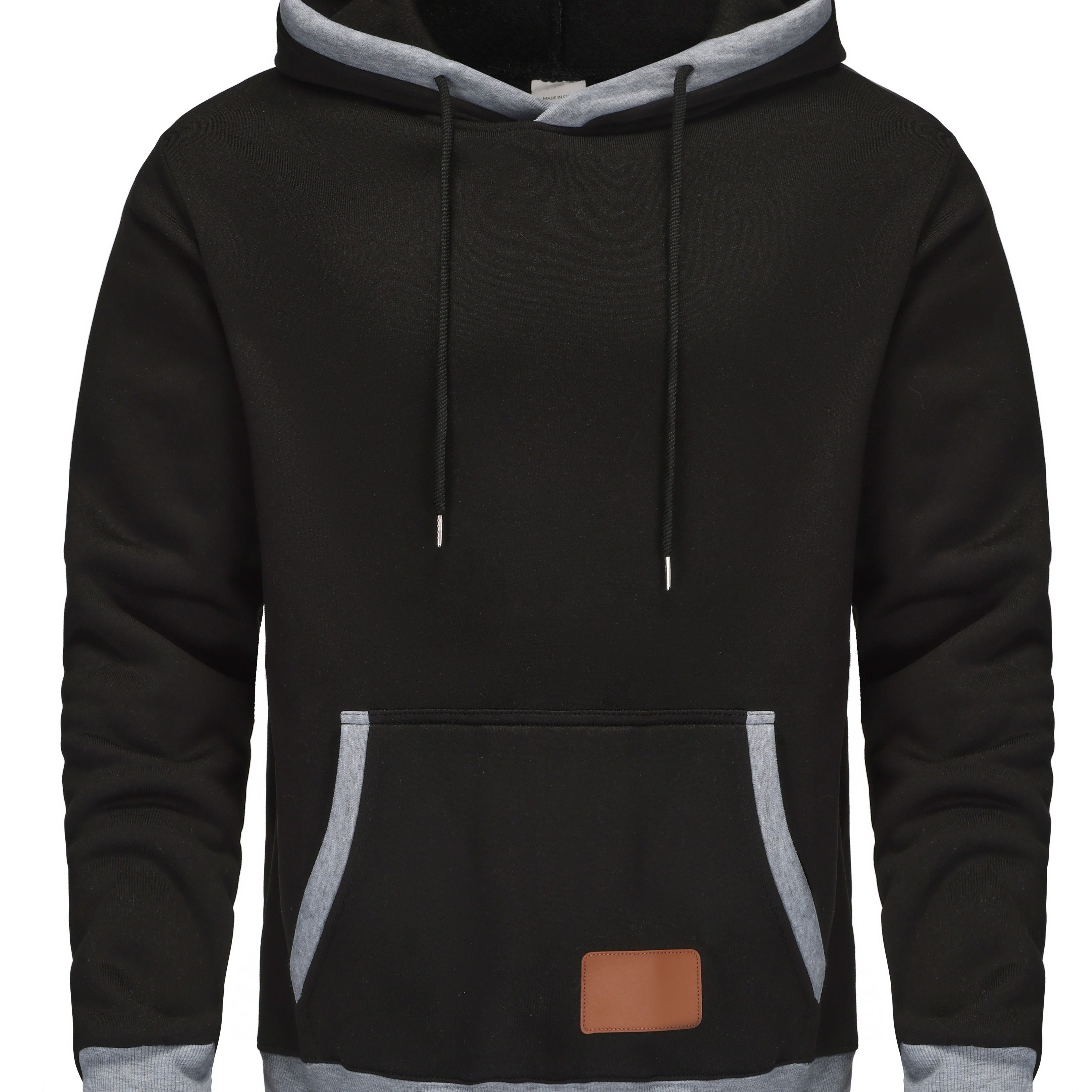 

Men's Contrast Color Hooded Long Sleeve Sweatshirt With A Kangaroo Pocket And Label Patchwork, Casual And Trendy Hoodie For Outdoors And Daily Wear