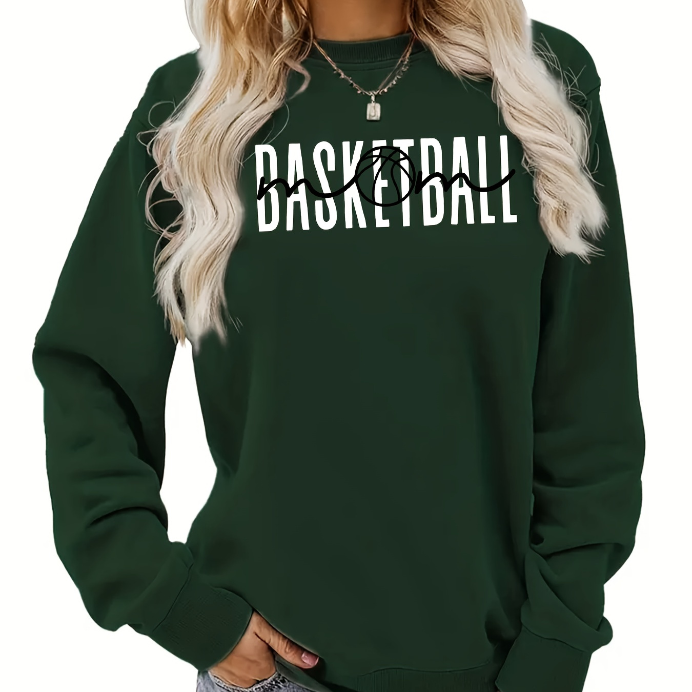 

Basketball Mom Print Sweatshirt, Casual Crew Neck Long Sleeve Sweatshirt, Women's Clothing