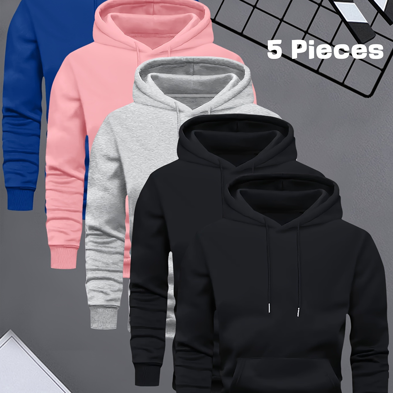 

5pcs Men's Casual Hooded Sweatshirts - 100% Polyester Geometric Pattern Fashion Hoodie Bundle With Long Sleeves, Front Pocket, Slight Stretch Fabric For Spring/fall - Regular Fit Knit Hoodie Set