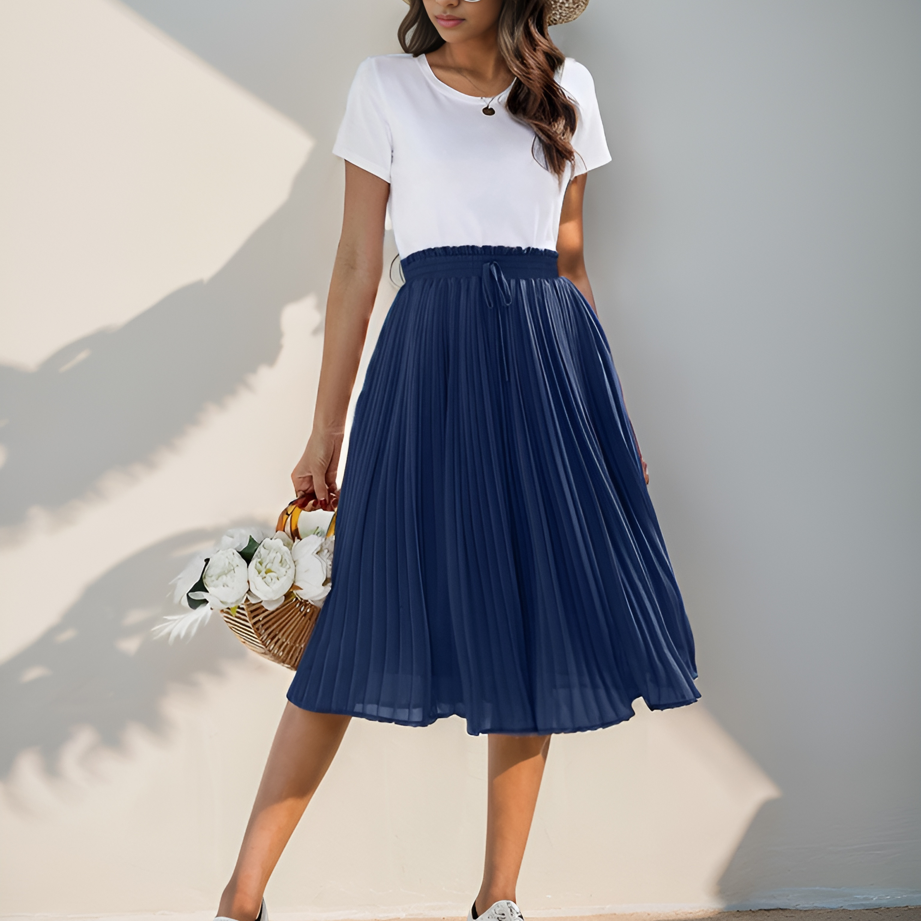 

Solid Color Paper Bag Waist Skirt, Elegant A-line Pleat Skirt For Spring & Summer, Women's Clothing