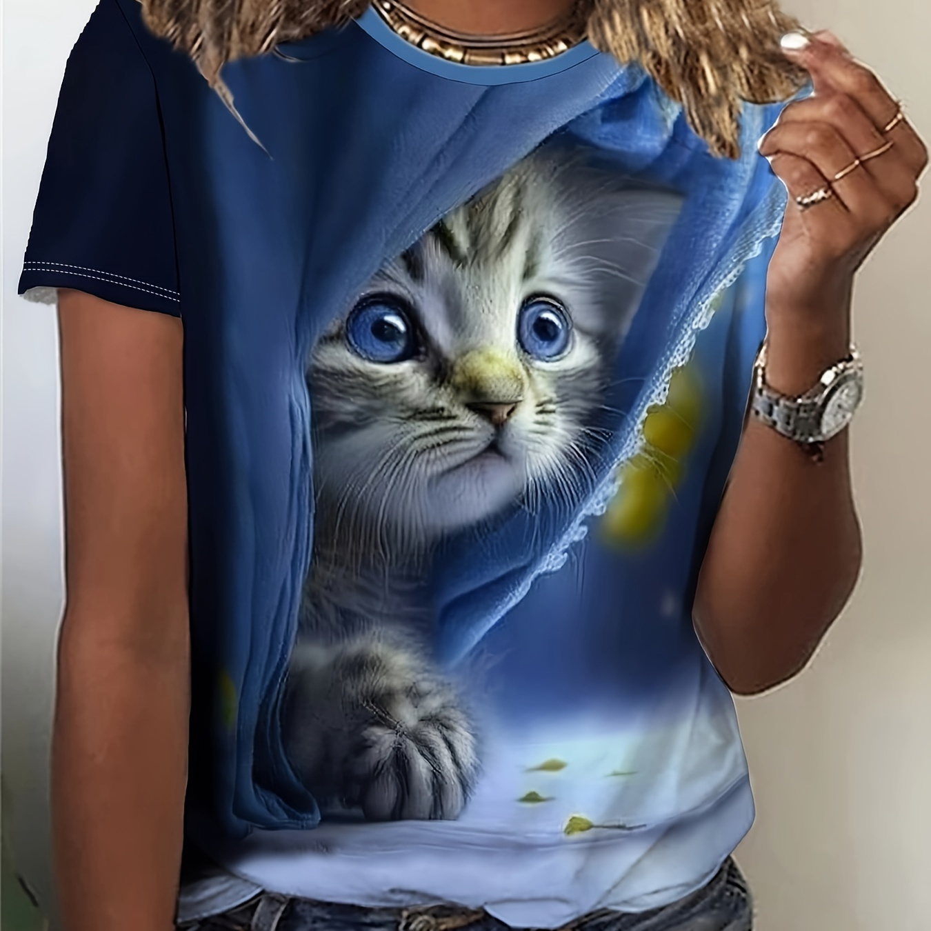 

Cat Print Crew Neck T-shirt, Short Sleeve Casual Top For Spring & Summer, Women's Clothing