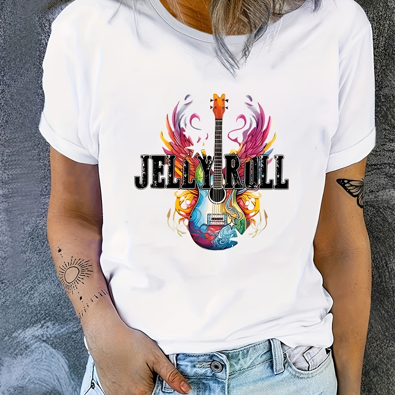 

Women's Casual Loose Fit T-shirt With Guitar & Wings Print, Comfortable Home & Sportswear, Versatile For Outdoor Activities And Social Gatherings, Fashionable Everyday Wear